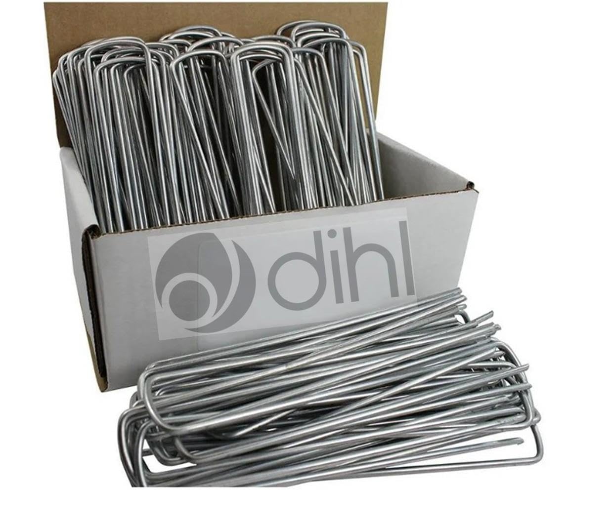 Dihl Pack of 50 Galvanised Metal Garden Ground Pegs, Silver U-Shaped Securing Stakes, 3x15cm, Staple Pins for Securing Weed Membrane, Ground Sheets, Hoses, Tents, Matting, and More. 50 Pcs โ image 1