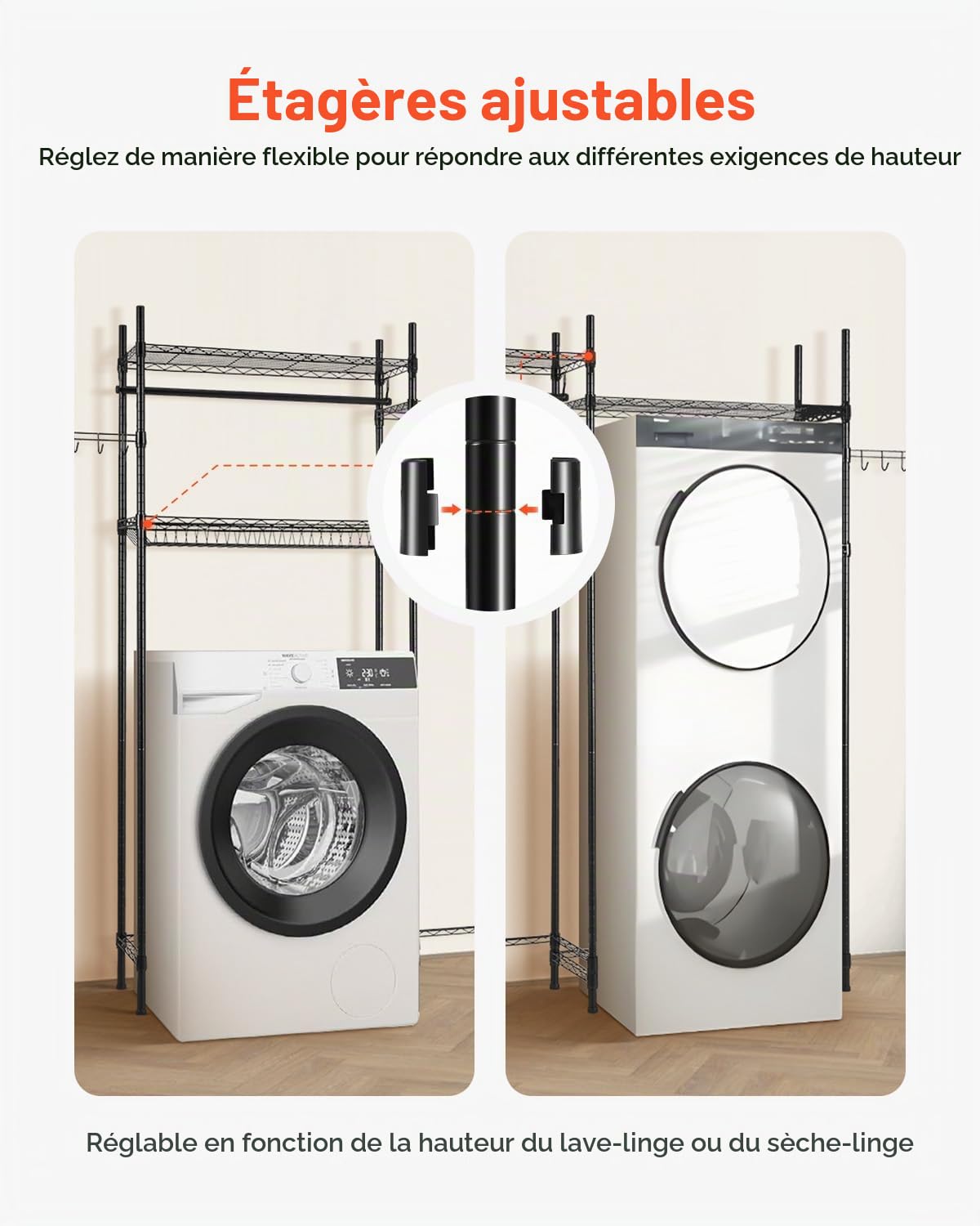 VEVOR Étagère de Rangement pour Lave-Linge et sèche-Linge à 4 Niveaux, étendoir à Linge avec Tringle et Crochets, étagères réglables à Deux rangées, Gain de Place, pour buanderie, Salle de Bain, Noir