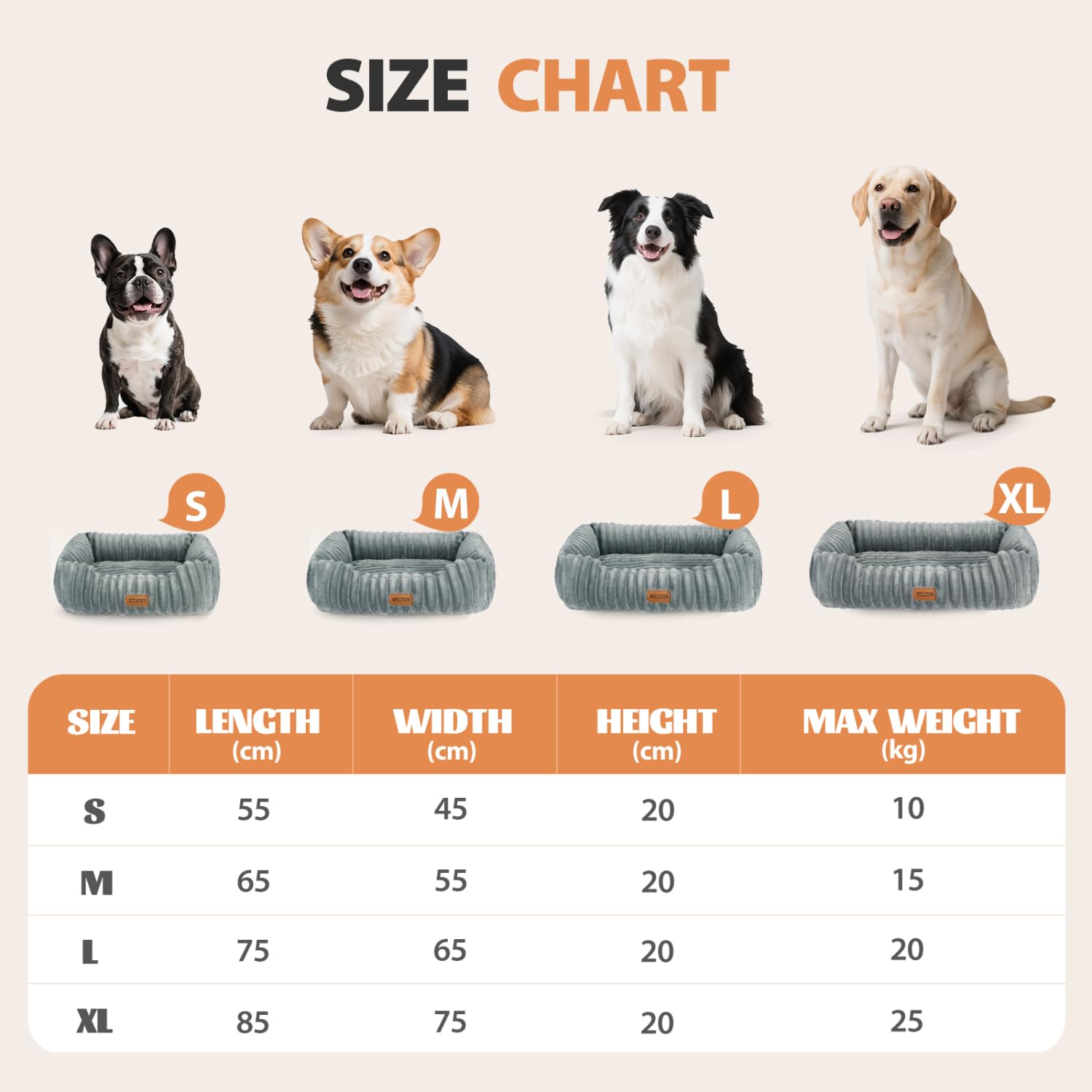 Nobleza Cama para Perro Mediano, Cama de Perro Lavable, 65x55x20cm para Perros con Suave Relleno de Esponja, Fondo Antideslizante, Funda Extraíble, Gris
