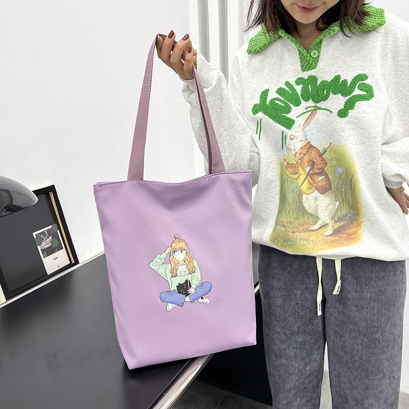 BANQLYN Women's Tote Bags Fashion Handbag Shoulder Bag,Heavy Duty Canvas Tote Bag,Women Canvas Shoulder Bag Print Shopping Bags Students Books Bags (Purple Girl) 3