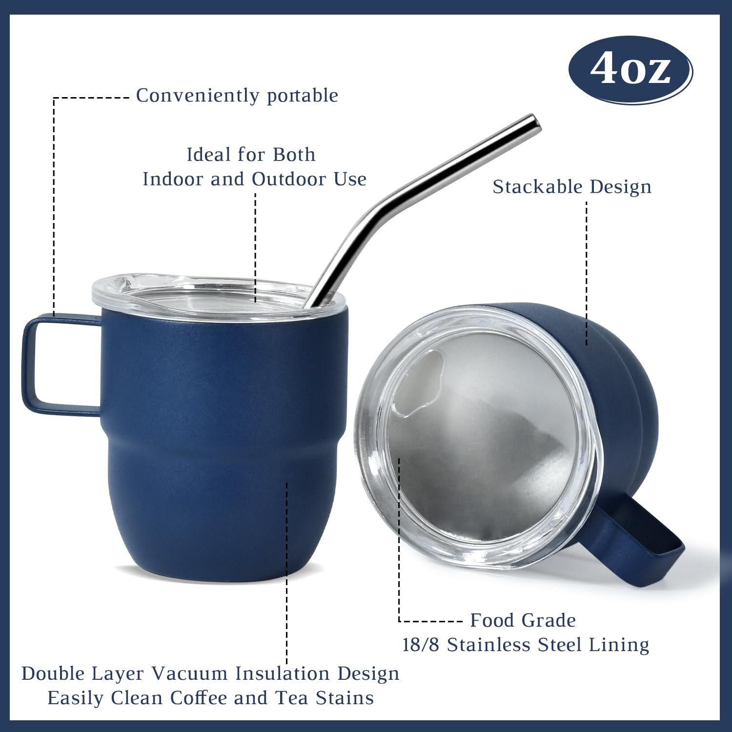4 Oz Vacuum Insulated Espresso Cups - 4 Pack Stackable Shot Glasses With Lids & Straws