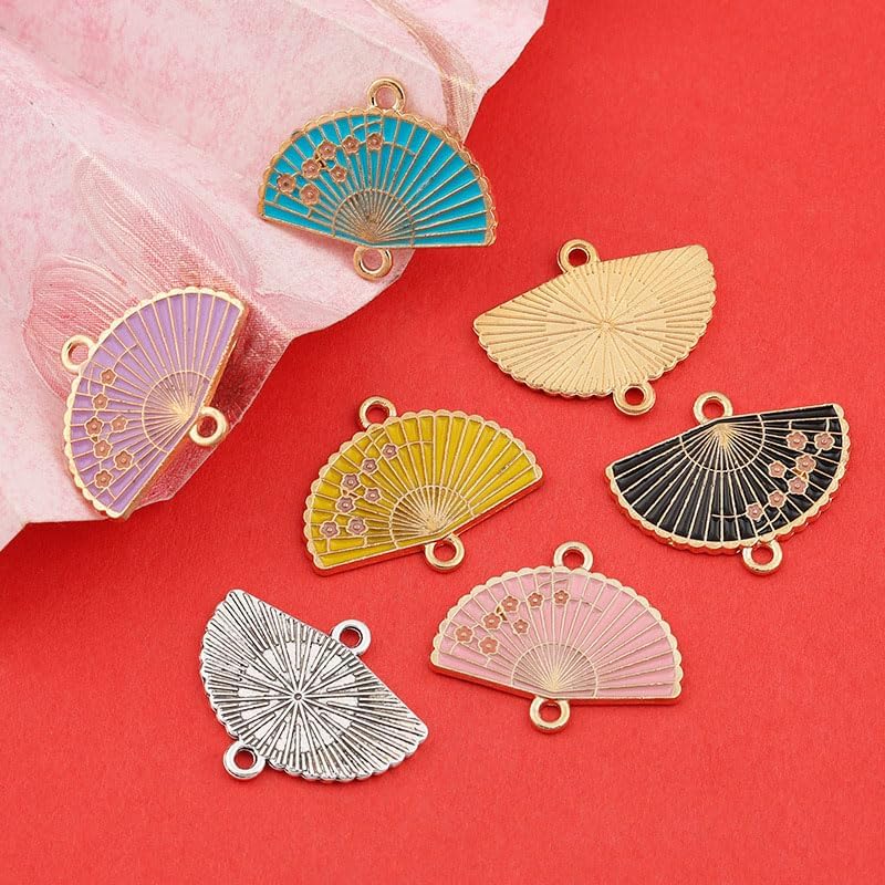 Acxico 45pcs Chinese Style Alloy Enamel Flower Fan Charm Pendants - Vibrant Multi-Color Floral Designs with Golden Rims, Glossy Finish, DIY Jewelry Making Craft Accessories for Necklaces, Bracelets - Image 2