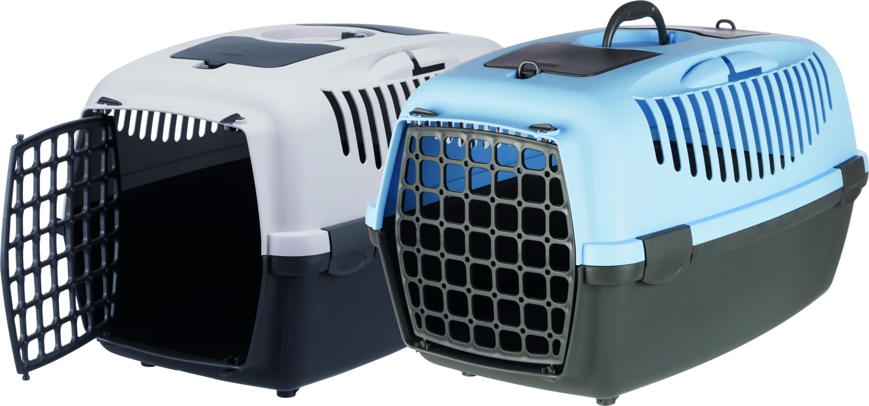 Trixie Capri Durable Plastic Pet Carriers with Handles, Storage Trays, and Stroking Flaps (Dark Grey/Pastel Blue, XS-S, Capri 2)