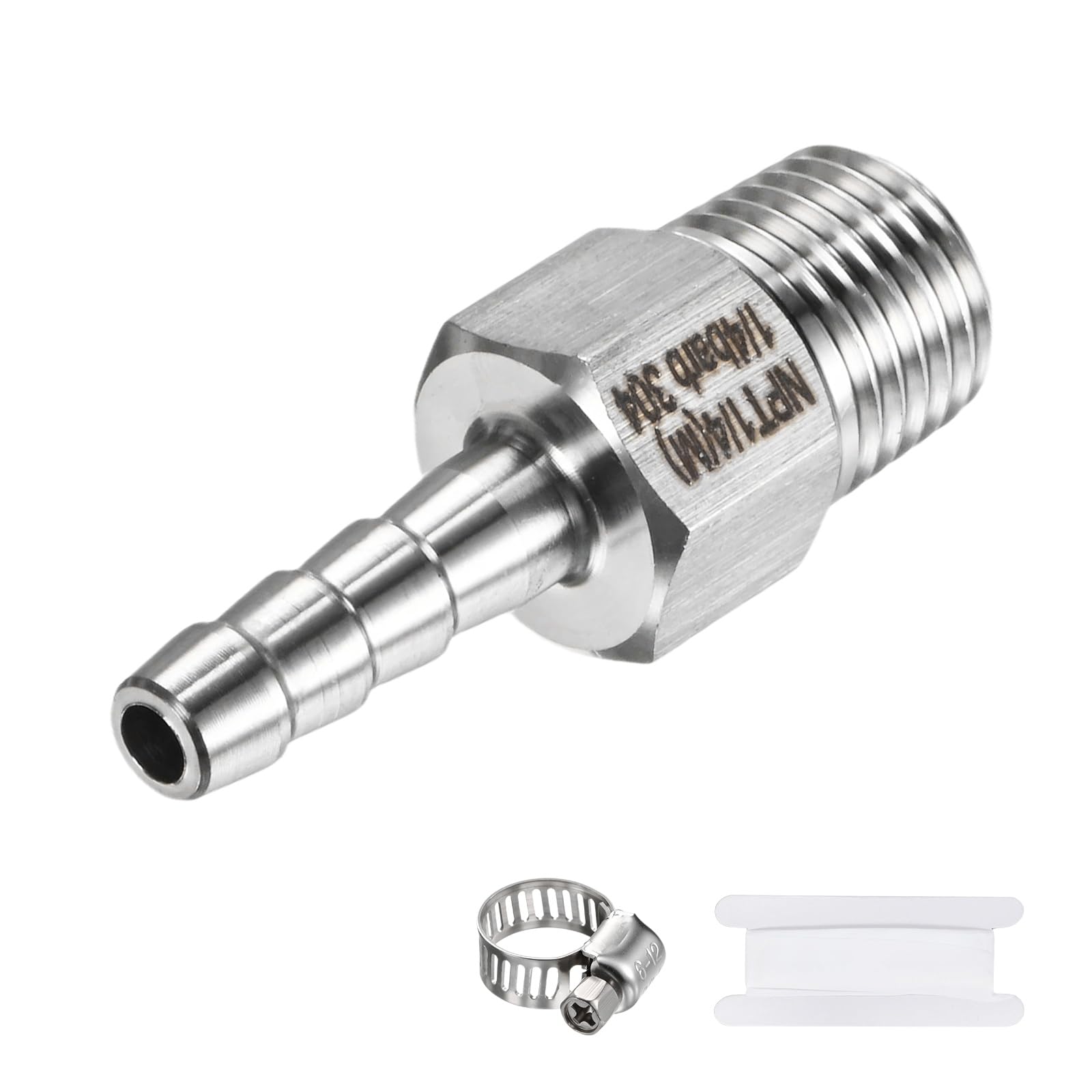 M METERXITY 1-Pack Garden Hose Adapter, 304 Stainless Steel 1/4" Barb x 1/4" NPT Male Threaded Connector with Sealing Tape & Clamp Garden Hose Convert Fitting for Pipe
