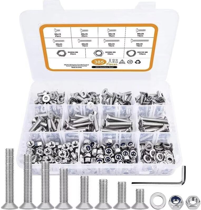 385Pcs/set M6 Hexagon Hex Socket Countersunk Head Screws and Nut Assortment Kit Stainless Steel 304 Allen Key Bolts Flat Head