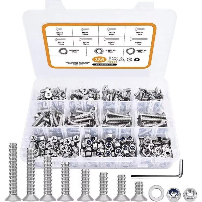 Set di 385 viti a testa svasata con esagono esagonale M6 e kit assortimento di dadi in acciaio inossidabile 304, bulloni a brugola a testa piatta