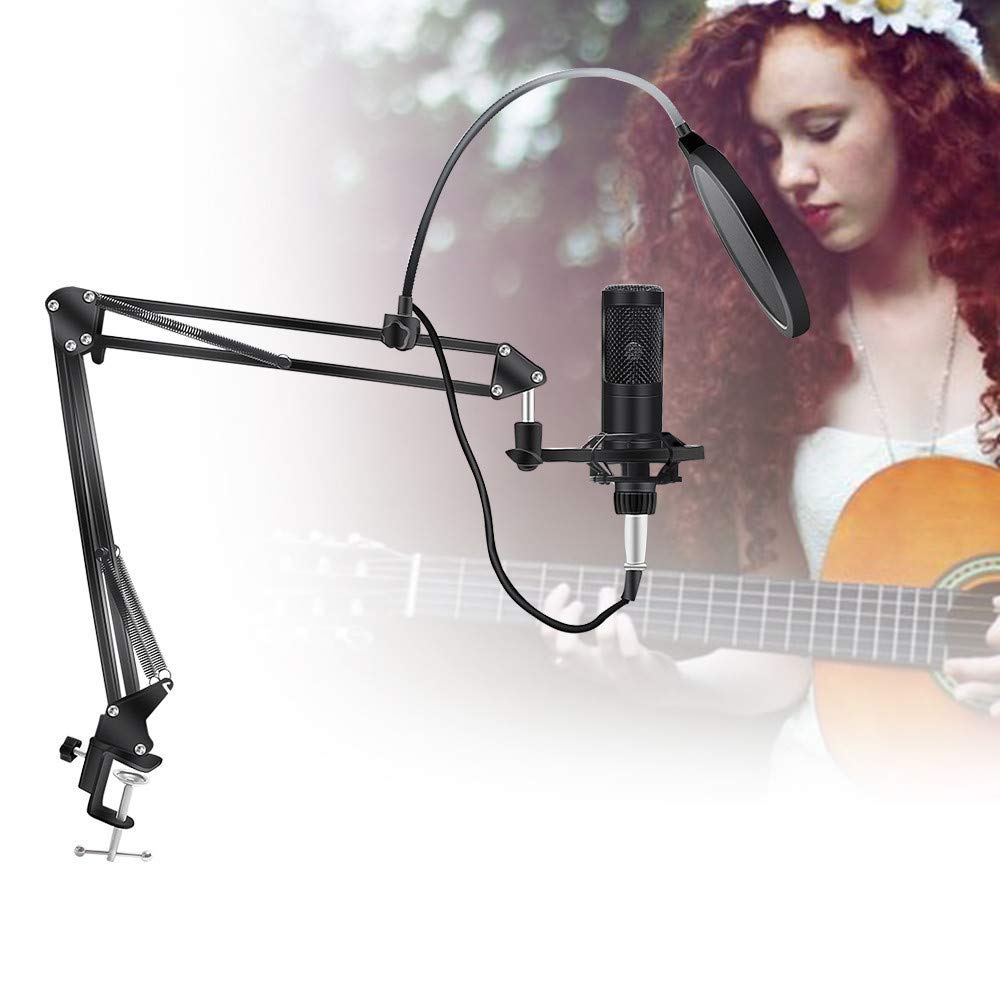 Professional Cardioid Studio Condenser Mic Include Adjustable Suspension Scissor Arm Stand, Shock Mount and Pop Filter for PC Karaoke,Gaming,Studio Recording & Broadcasting