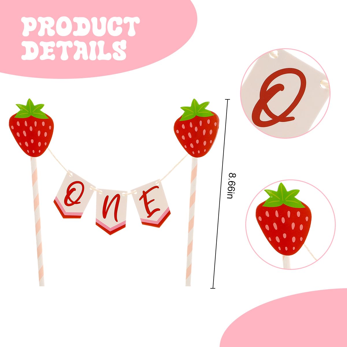 Alydppg Berry Sweet Strawberry Bunting Cake Topper, First Birthday & Baby Shower Cake Topper, 4 Pieces, Red