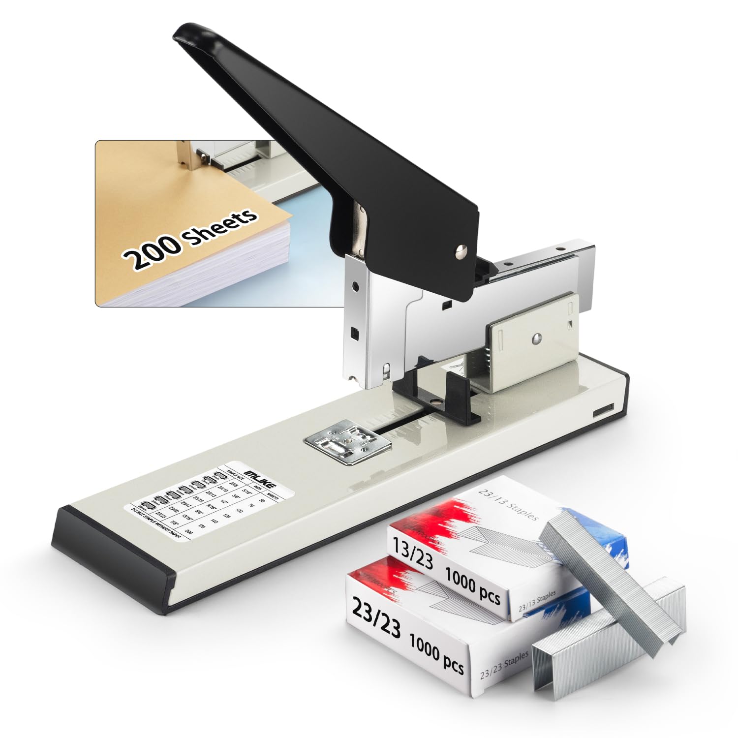 IMLIKE - Grapadora resistente con 2000 grapas: 200 hojas de capacidad manual sin atascos, grapadora de escritorio de metal grande que ahorra trabajo, antideslizante, incluye grapas de alta resistencia