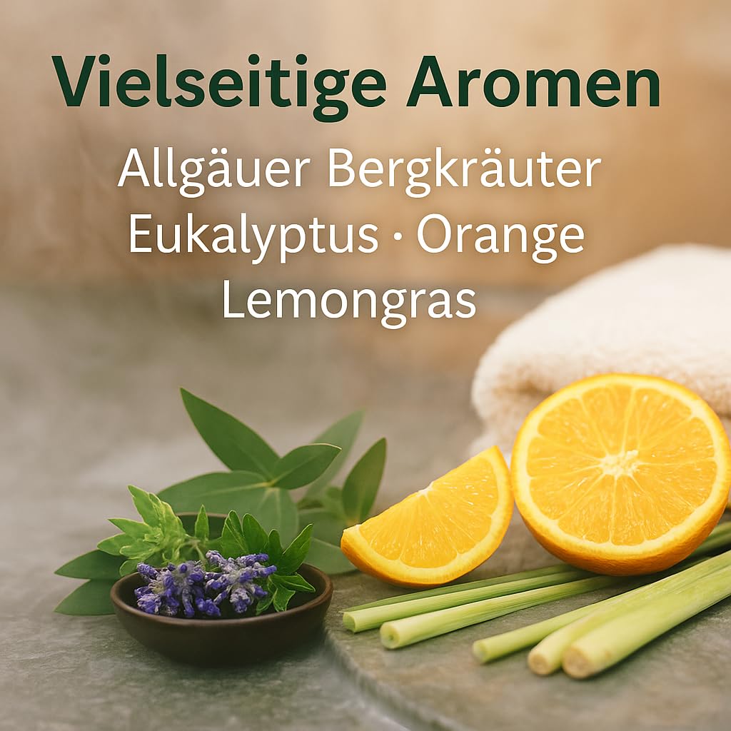 Dufte Momente Dampfbad Duftkonzentrat Set – 4×250 ml – Allgäuer Bergkräuter, Eukalyptus, Orange & Lemongras – naturreine ätherische Öle – für Dampfbäder, Verdampferanlagen & Dampfduschen