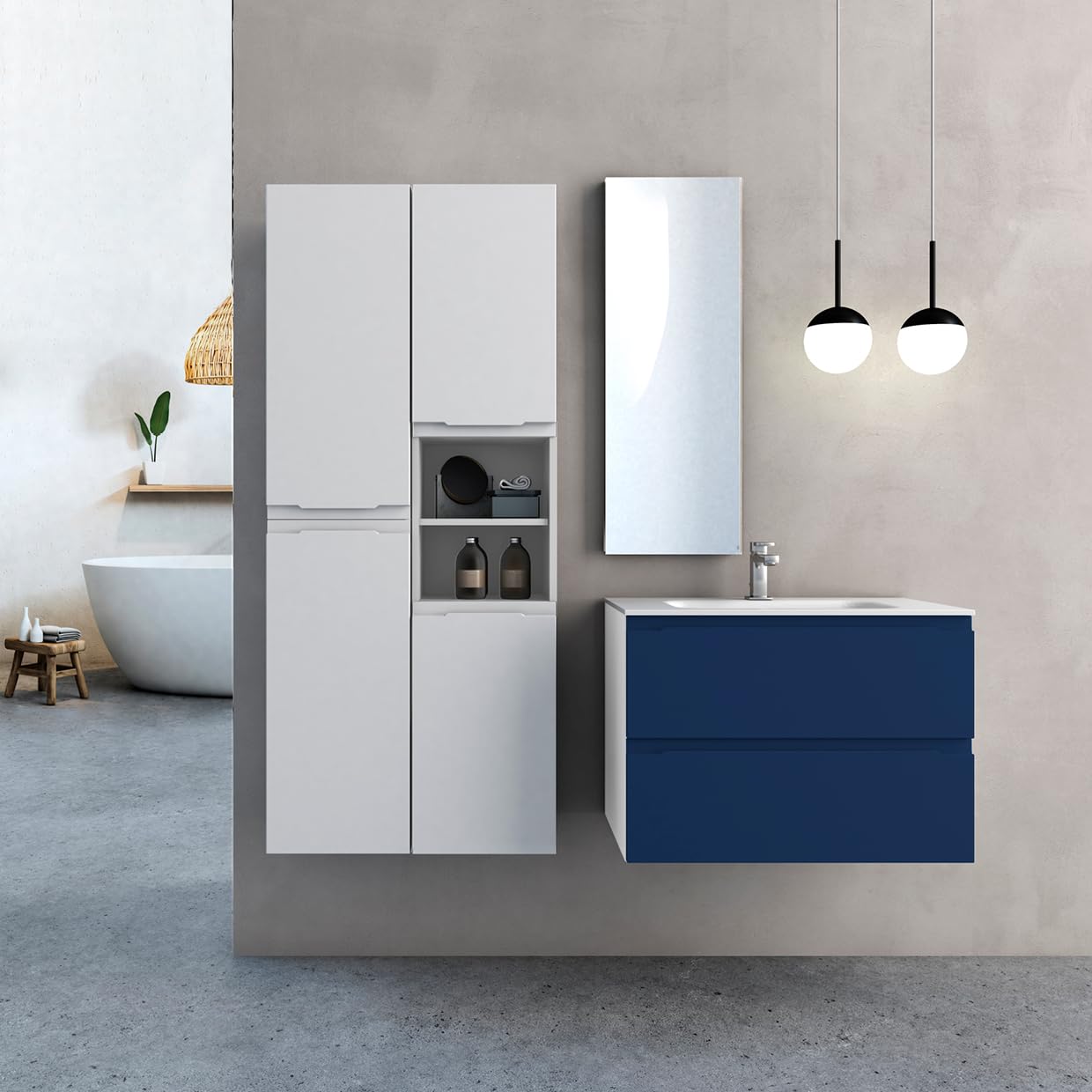 Diventa Modello Diva Star, Mobile Bagno Sospeso 80cm con 2 cassetti spaziosi e lavabo dal design moderno, colore blu e bianco