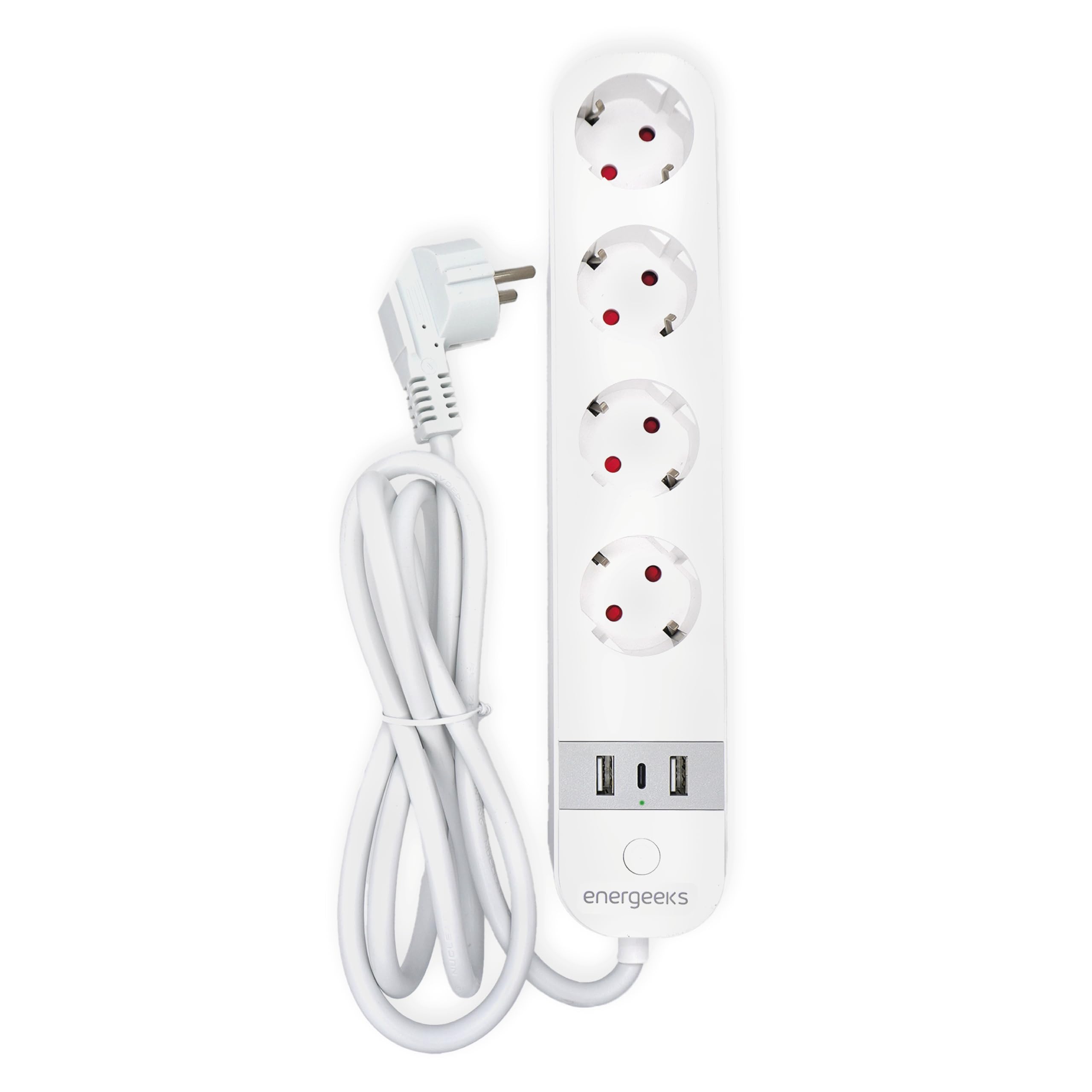 Energeeks - Regleta Enchufe WiFi Inteligente - Medidor de Consumo Integrado - 4 Entradas - 2 USB - 1 USB-C - Tipo Schuko - 2,4 GHz - 16A/3680W - 240V/60Hz - App Móvil - Compatible con Alexa y Google