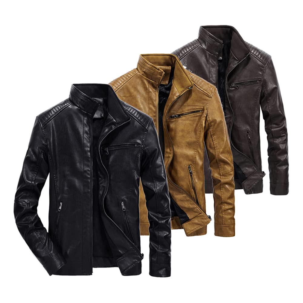 LOMENG Faux Leather Jacket Motorcycle Jacket Waterproof Windproof Casual Stand Collar Warm Fleece Lined for Men