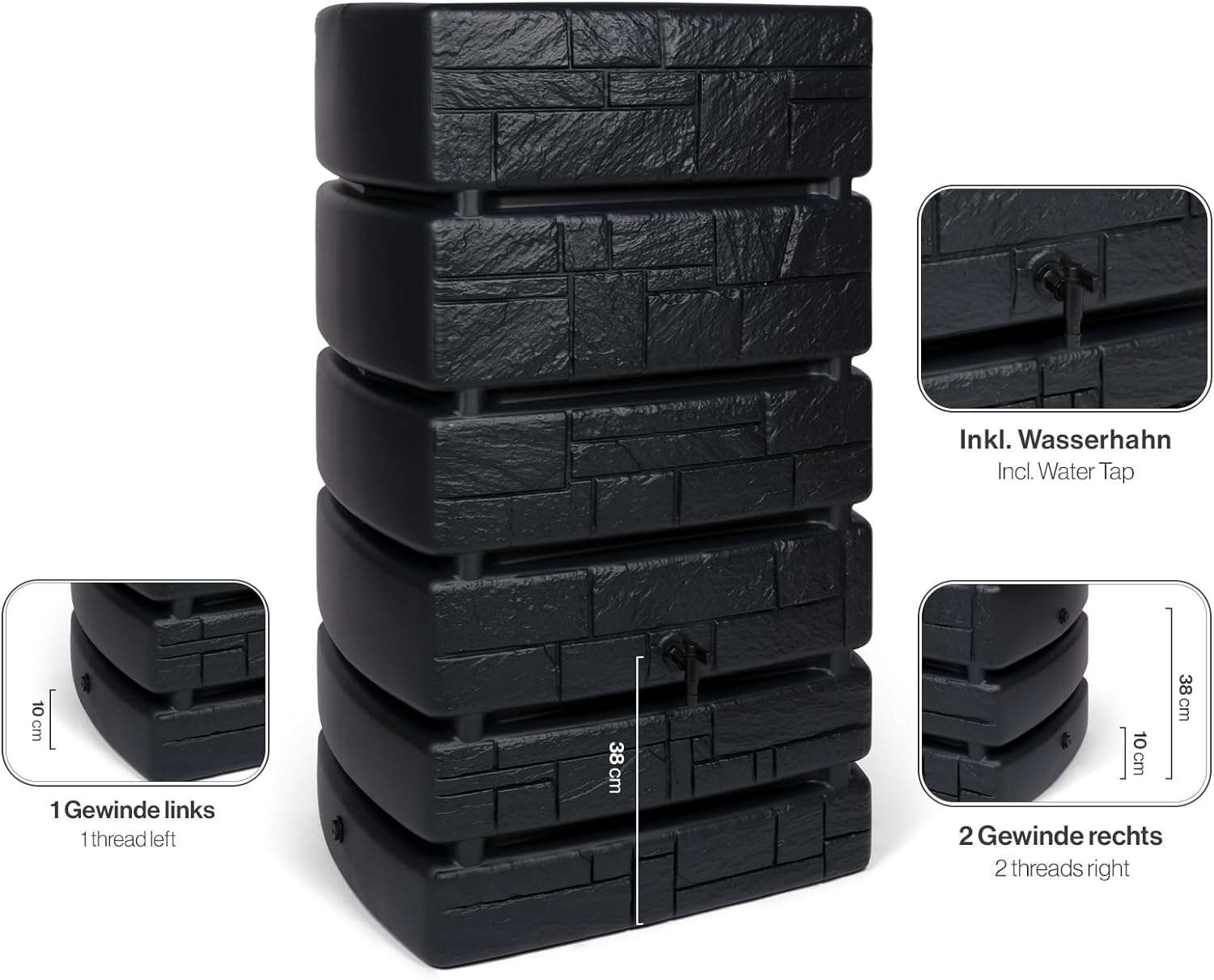 Kreher Tonneau à eau XXL Tower Stone avec robinet, aspect pierre anthracite/gris, volume de 500 l, dimensions (l x p x h) : 77,5 x 58,3 x 130 cm (anthracite)