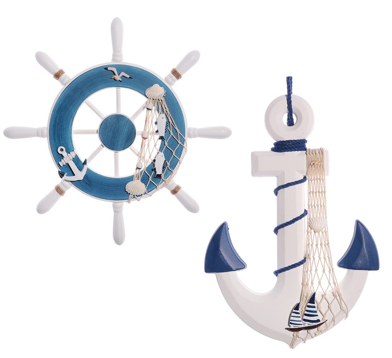 Photo 1 of 2 Pack 13" Beach Decor Wooden Ship Steering Wheel and Wooden Anchor, Nautical Boat Anchor Rudder Wall Door Hanging Ornament Decor Beach Theme Home Party Decoration (Blue and White)