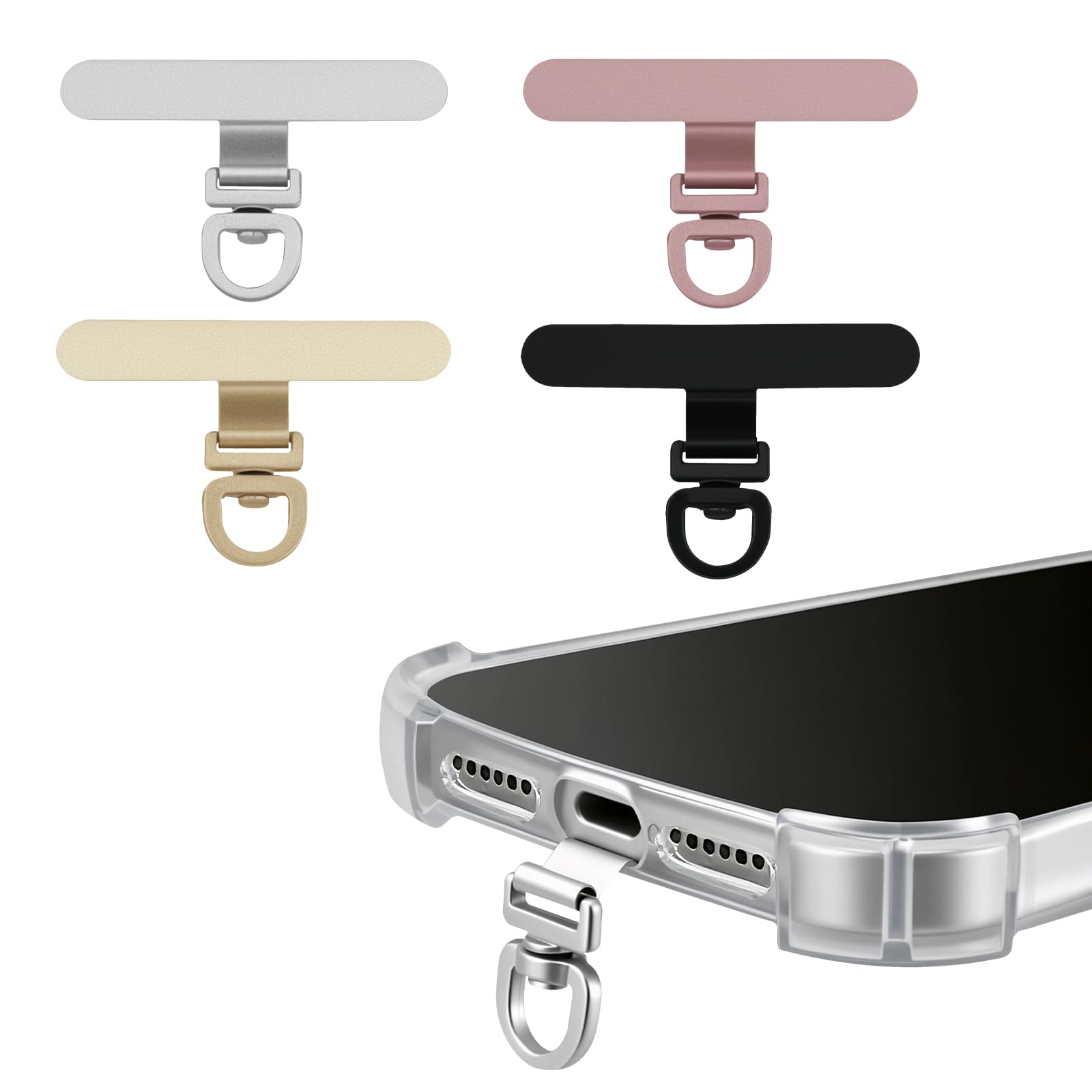 Photo 1 of (4-Pack) 360° Rotating Stainless Steel Phone Tether Tab, Universal for Phones, Fit Wristbands, Necklaces & Crossbody Straps (Combination-A)