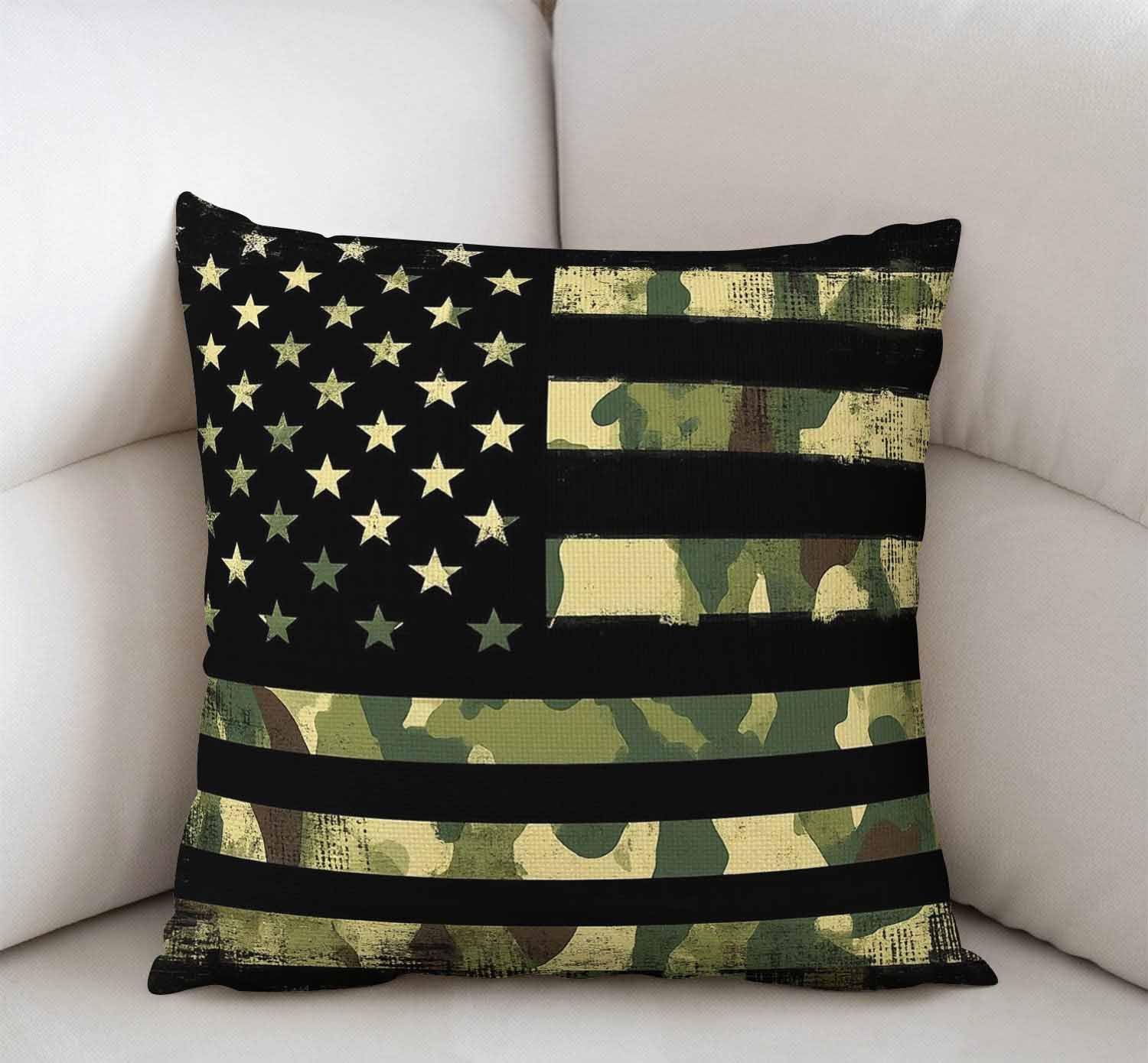 Swono Throw Pillow Case American Flag with Camouflage Cotton Linen Square Cushion Cover Standard Pillowcase for Men Women Home Decorative Sofa Armchair Bedroom Livingroom 18 x 18 inch image 2