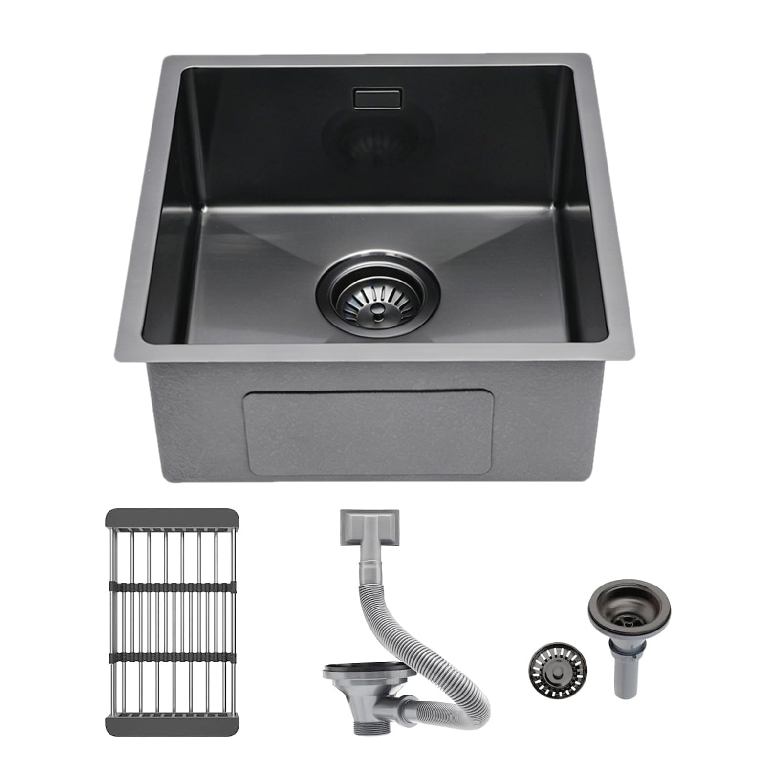 Sarlai 304 Stainless Steel Kitchen Sink, 40 x 40 cm Black Undermount Kitchen Sink, Handmade Stainless Steel Kitchen Sink with Overflow, Sinlge Bowl Small Sinks,1 Bowl with Drainer Fittings