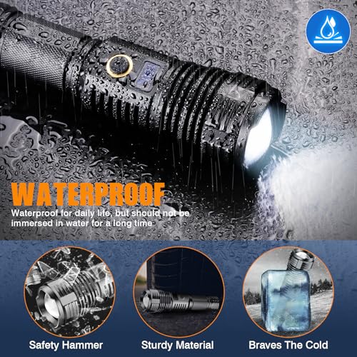 NAKCNM Lampada LED super luminosa con display LCD, torcia ricaricabile XHP70.2, alimentata a batteria, 12.000 lumen, 5 modalità, impermeabile, messa a fuoco regolabile, per campeggio, escursionismo
