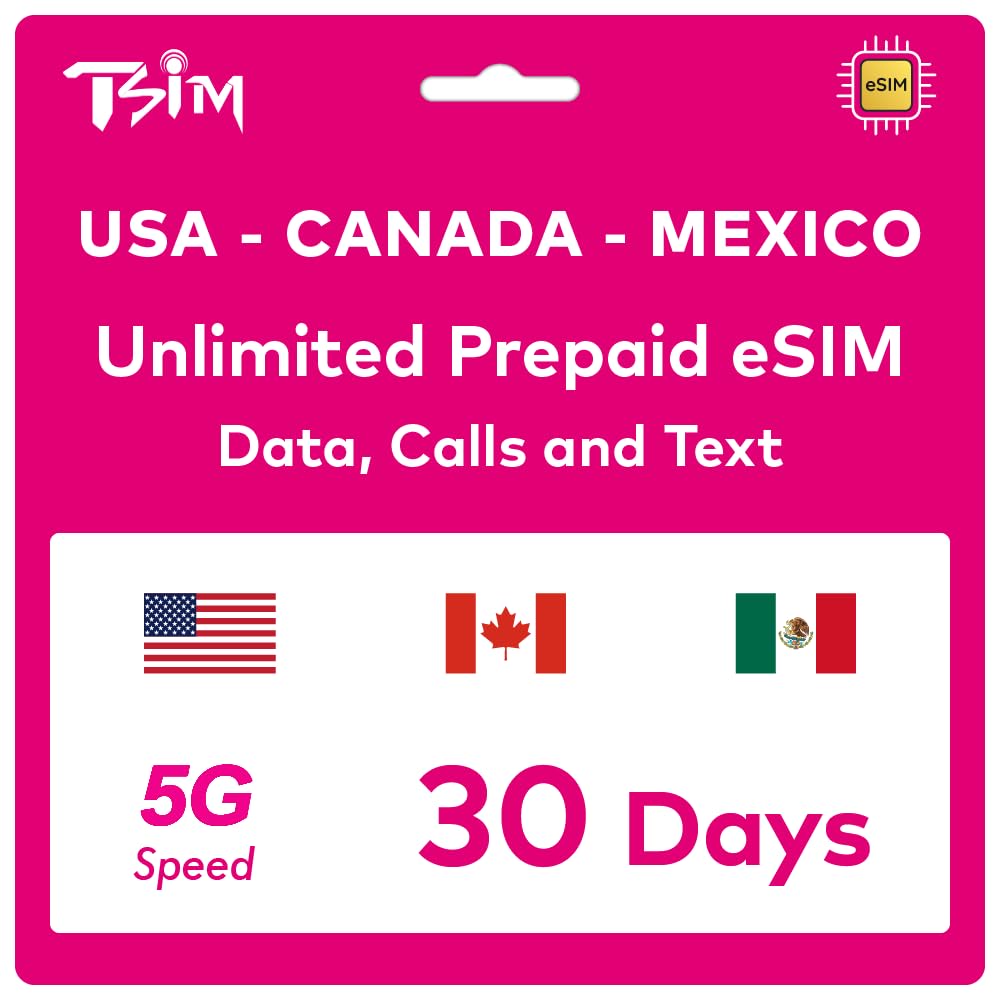 TSIM Prepaid USA eSIM 30 Days | Unlimited 4G/5G High-Speed Data in the USA + 5GB High Speed Data in Canada & Mexico | Unlimited Local Calls + Free Incoming Calls & SMS