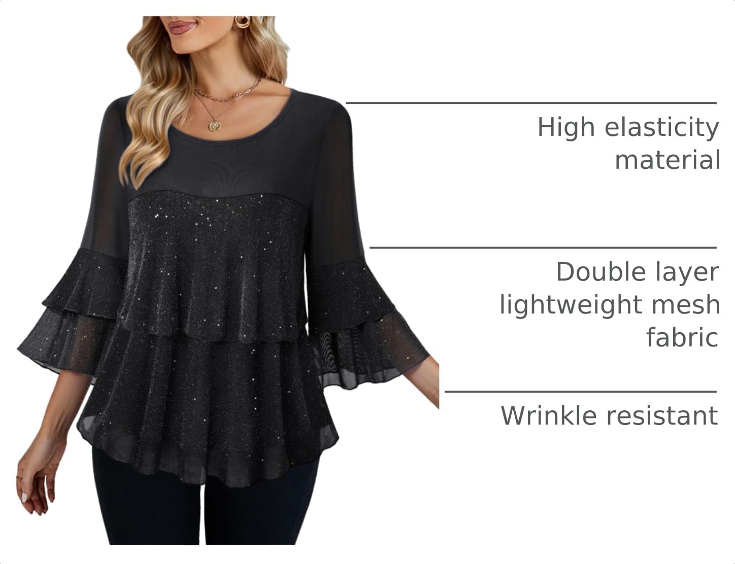 Bebonnie Womens Dressy Sparkly Peplum Tops 3/4 Sleeve Ruffles Elegant Evening Flowy Blouses