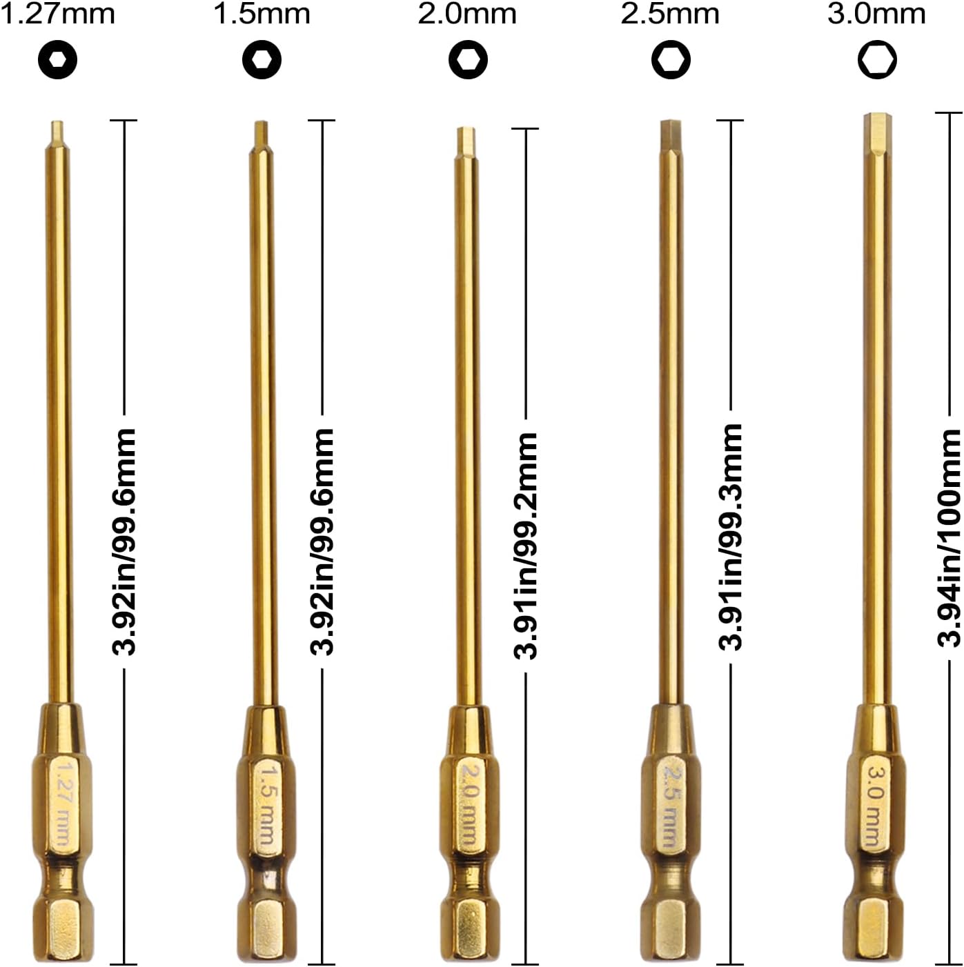 1.27mm 1.5mm 2.0mm 2.5mm 3.0mm Hex Bit Set Allen Wrench Drill Bits Compatible with Power Drills Impact Driver Electric Screwgun RC Tool Kit (5-Pack)