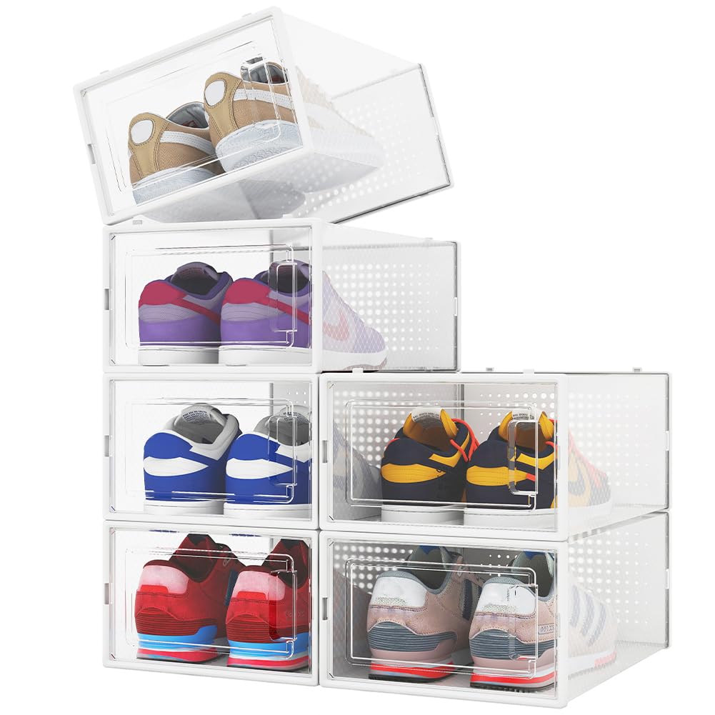 BAKAJI 6 cajas para zapatos apilables con tapas, montaje fácil, ahorran espacio, transparentes, cajas organizadoras de almacenamiento, zapatillas (juego de 6 unidades, 33,5 x 23 x 14,5 cm)