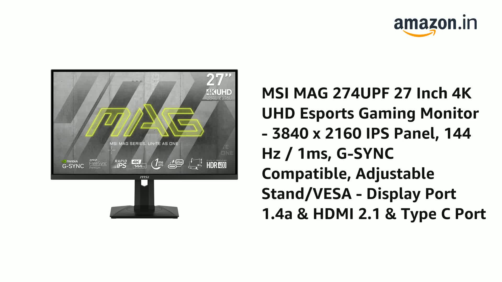 MSI MAG 274UPF 27 Inch 4K UHD Esports Gaming Monitor - 3840 x 2160
