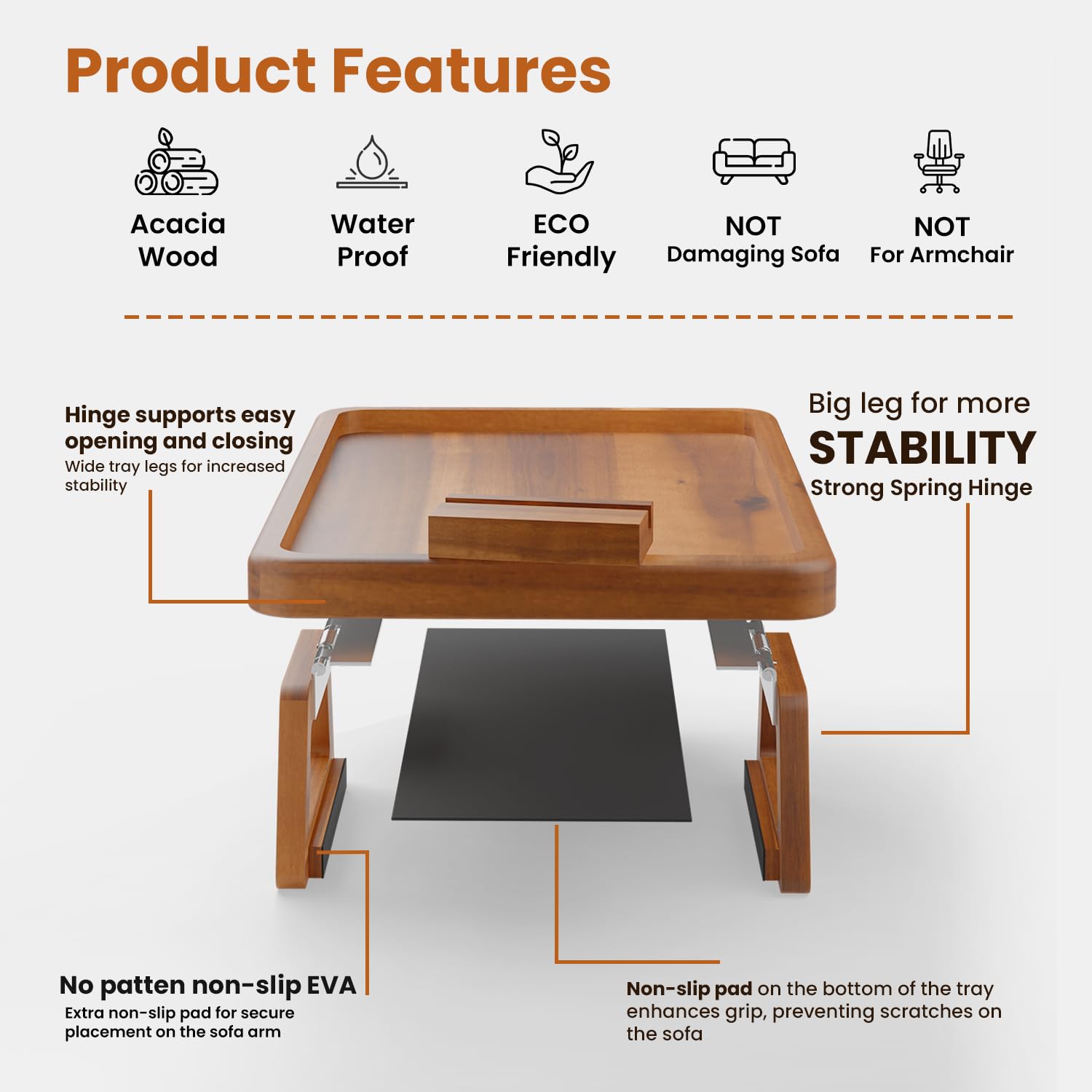 Tinamo Acacia Wood Sofa Armrest Tray - Large Sofa Arm Tray Table