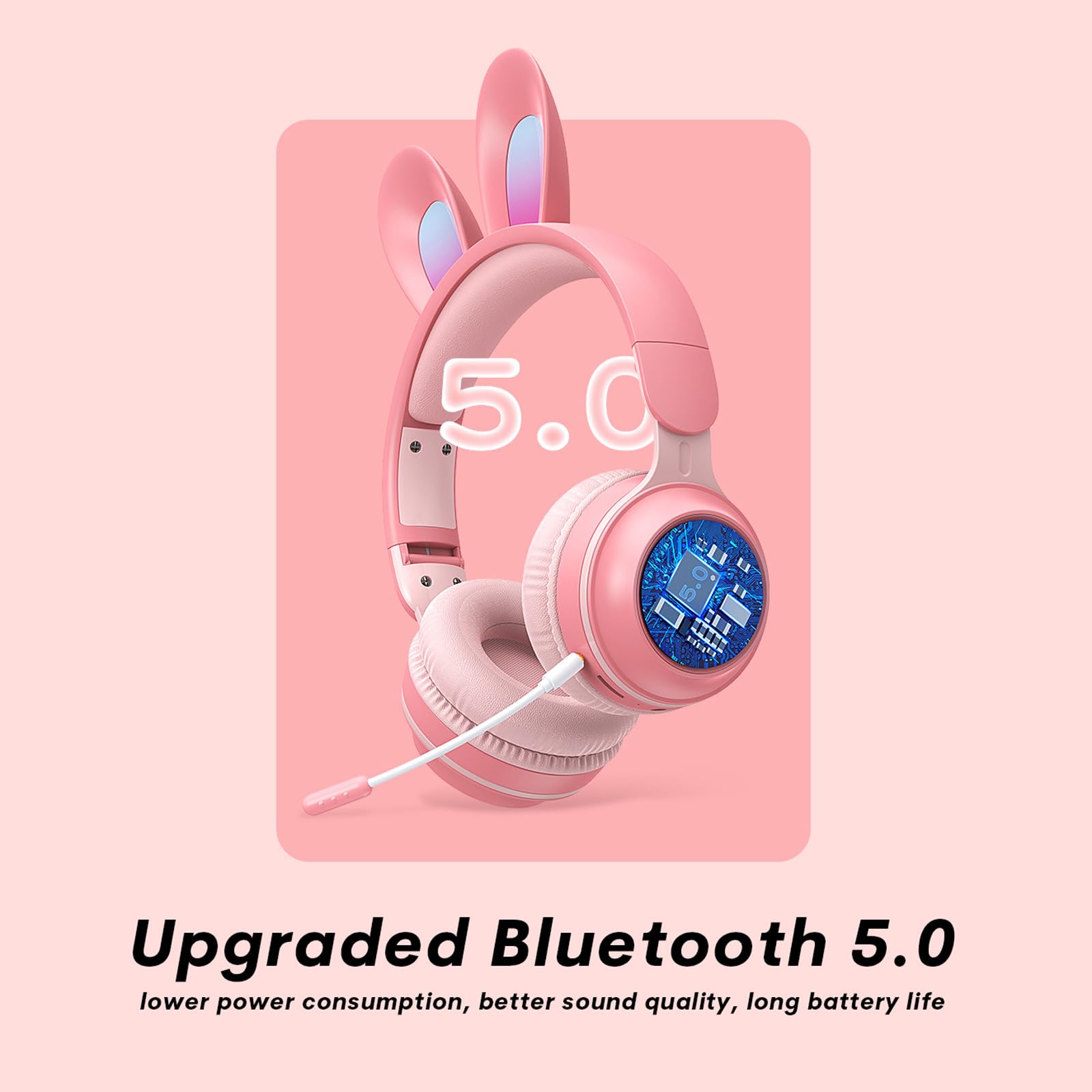 Casque Enfant École Enfant Casque Bluetooth sans Fil Chat Casque avec Lumières LED Amovible Microphone Réglable Bandeau Pliable Réglable Casque avec Limiteur de Volume pour Voyage