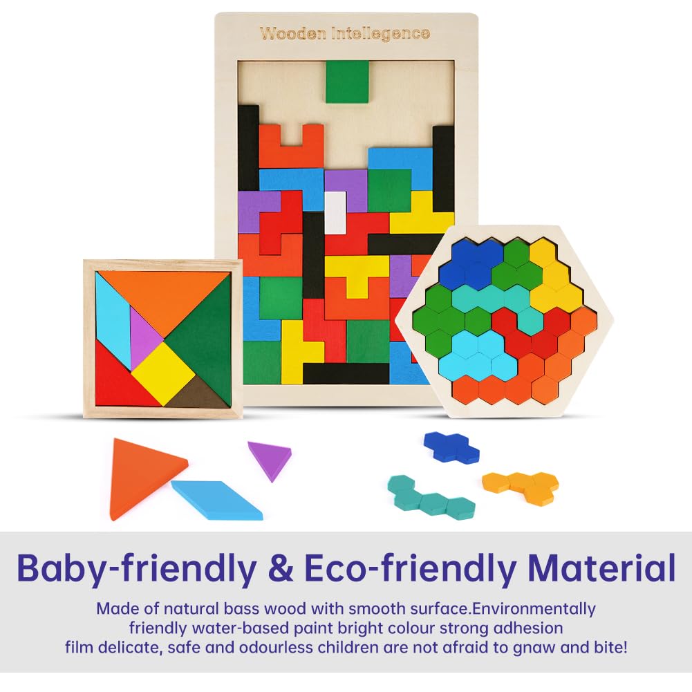 Ainiv Tangram Puzzles, 3 w 1 Drewniane Puzzle Inteligencji Zestaw, Drewniana Układanka, Łamigłówka, Zabawki Edukacyjne, Pudełko Puzzle, Klocki Budowlane, Prezent dla Chłopców i Dziewcząt