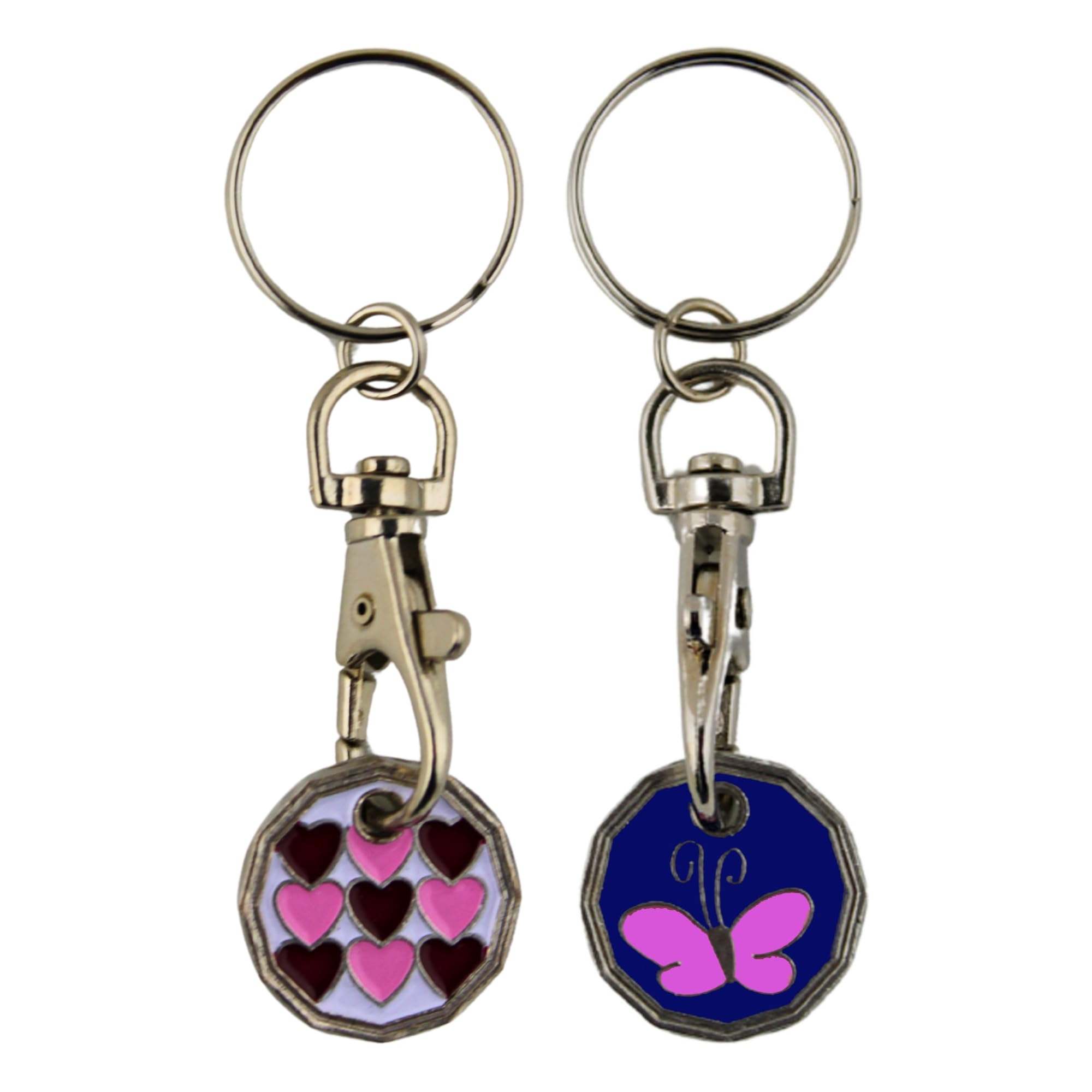 Trolley Token New £1 Coin Shape 12 Sided Shopping Cart Key Ring Release Shop Locker Keychain (Hearts & Butterfly)