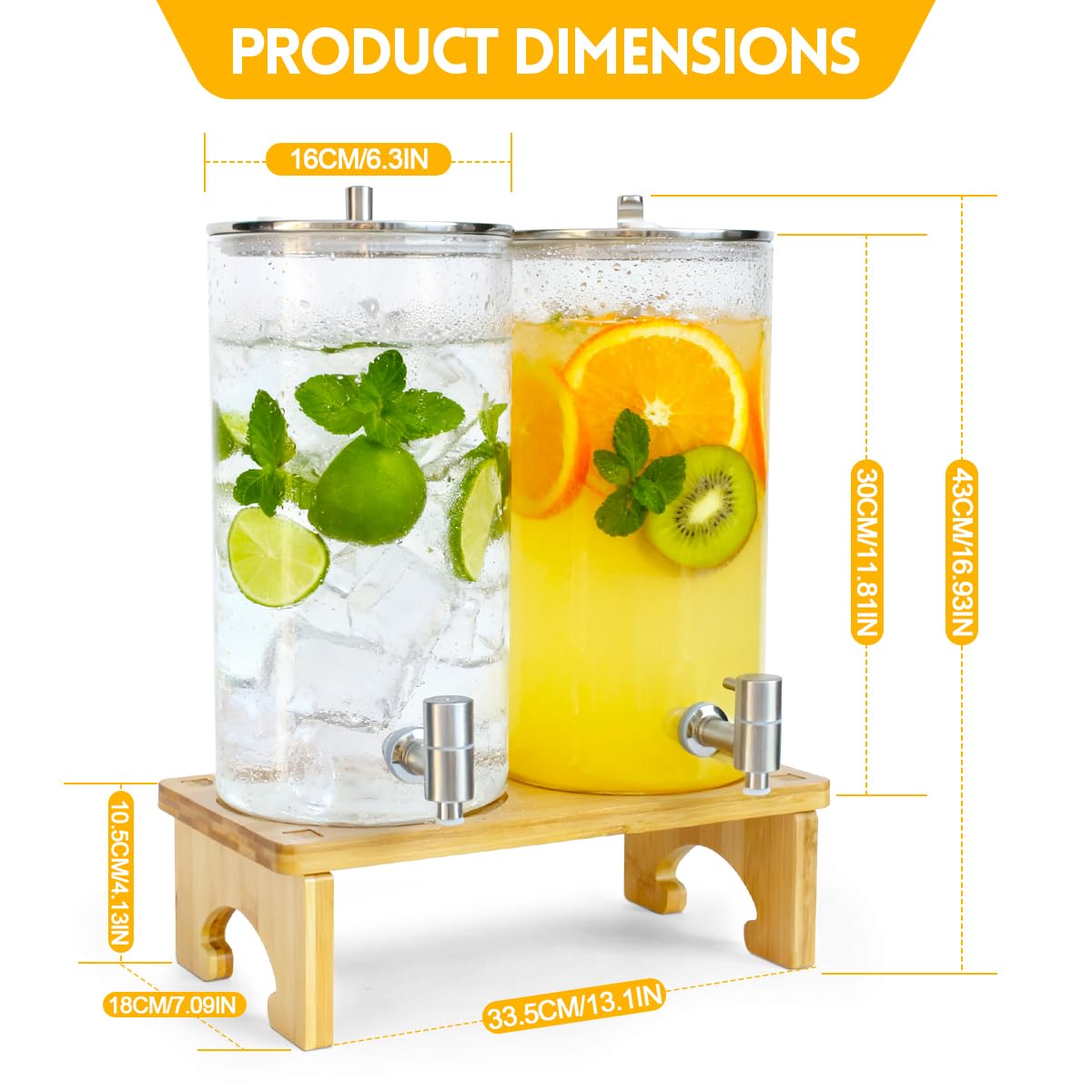 2 dispenser per bevande da 6 l con supporto, dispenser in vetro con rubinetto in acciaio inox massiccio per succhi ghiacciati, acqua, bevande fatte in casa, feste, matrimoni