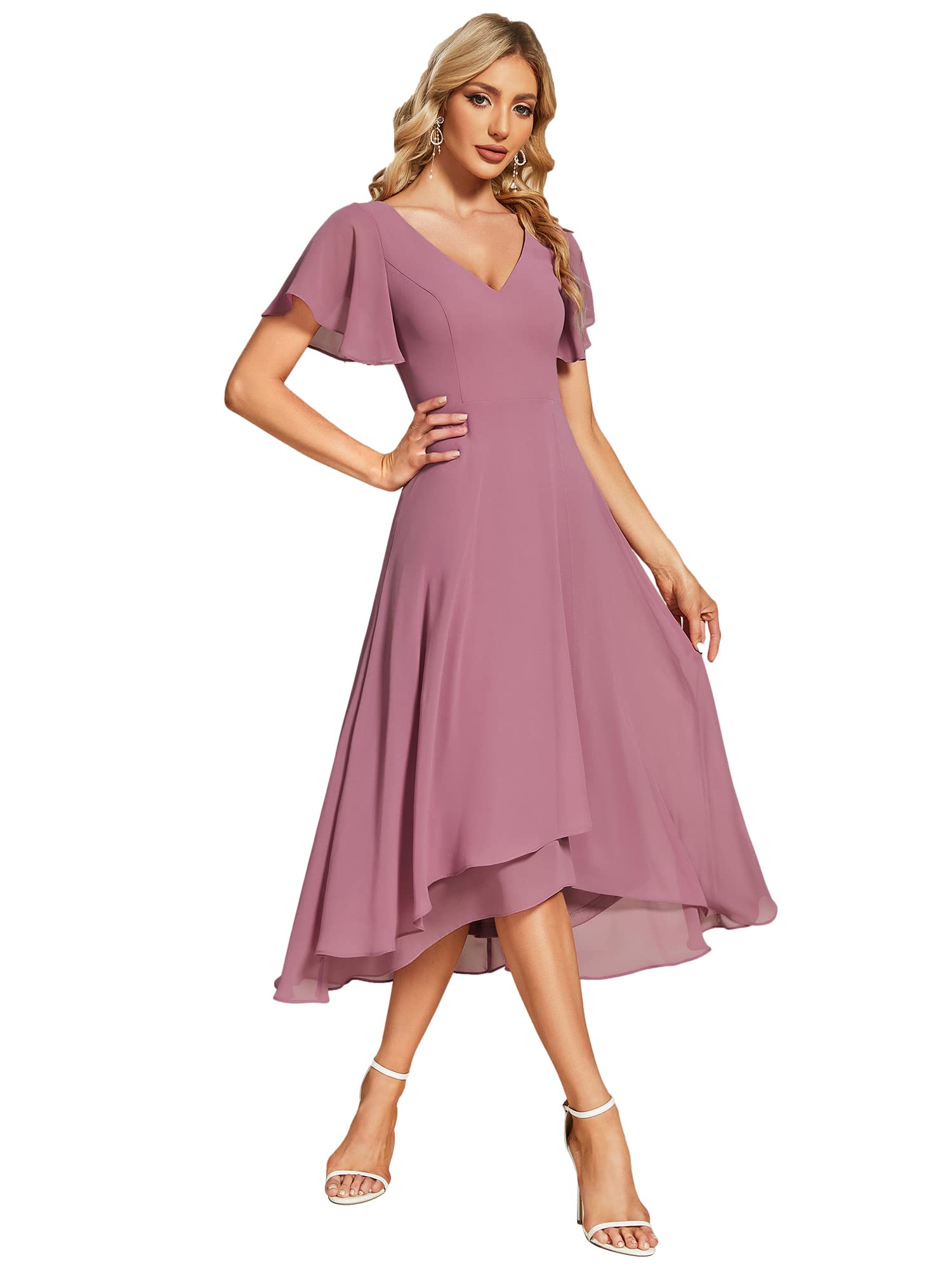 Ever-Pretty Vestidos De Fiesta para Mujer Cuello de Pico Una Línea Vestido Elegante Aanga Corta Alto-Bajo