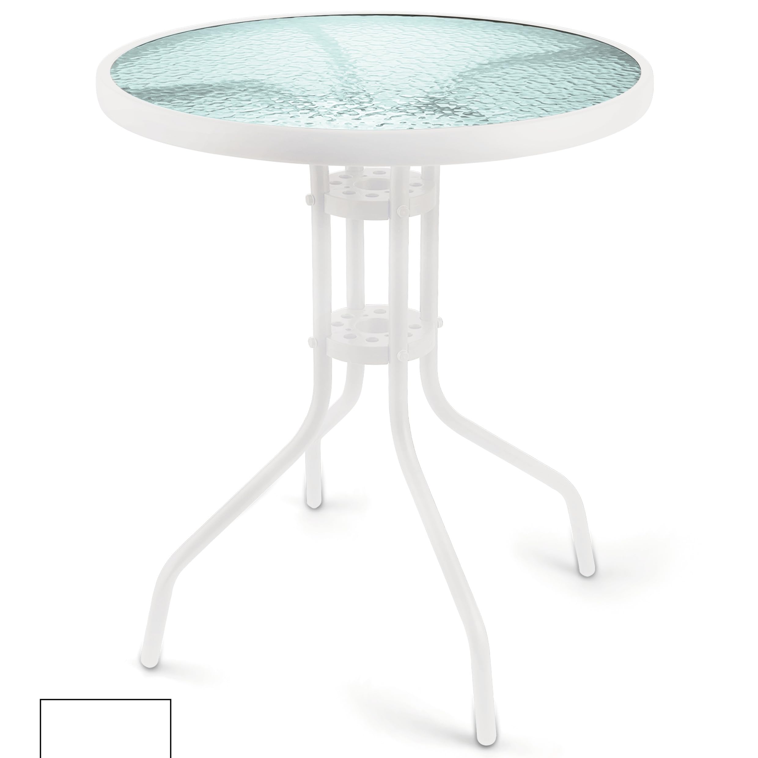 Tavolo Tondo da Esterno 60 cm in Acciaio al Carbonio, Top in Vetro temperato Effetto martellato, Bianco, Esté