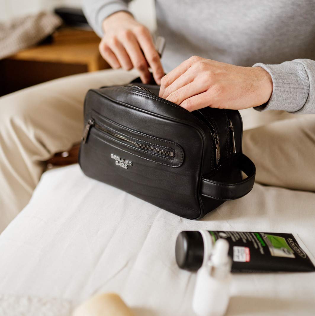 Berliner Bags MAX Neceser de Piel Auténtica con Dos Compartimentos, Bolso de Aseo Grande para Hombre y Mujer, Ideal para Viajes, con Cremallera YKK y Forro Impermeable – Negro