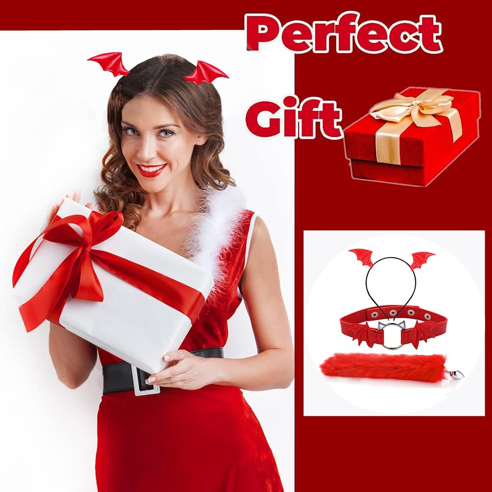 Animal Cosplay Costume Furry Fox Tail Plug Cute Ears Headband Bat Style Neck Collar Set: Red