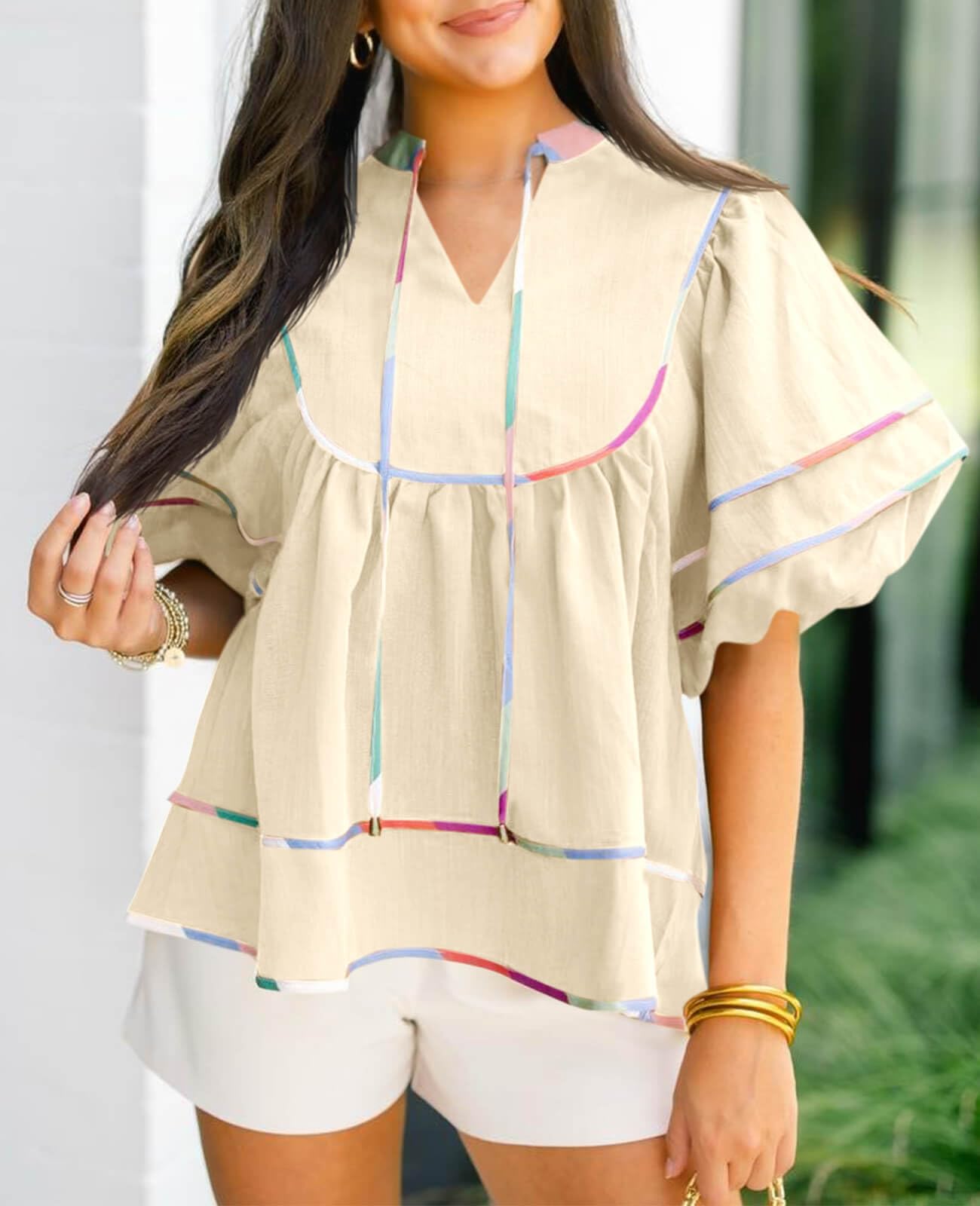 Cicy Bell Nuisette d'été à manches courtes et col en V pour femme | Décontracté tendance, manches bouffantes, haut péplum, coupe ample