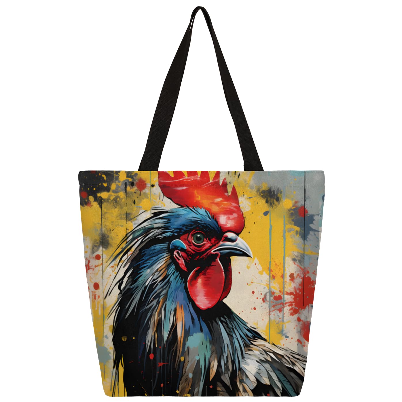 Mularoka Vintage Watercolour Rooster Large Capacity Canvas Tote Bag Stylish Handheld Shoulder Bag Reusable Shopping Bag for Work Travel Beach Trips Shopping