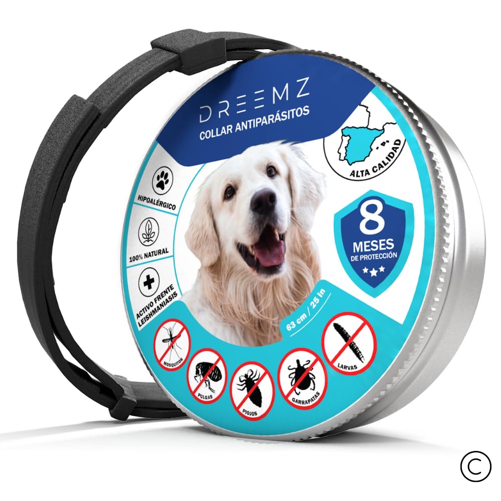 DREEMZ® Collar Antiparasitario Perros-Collar Antipulgas-Collar contra pulgas, garrapatas y Mosquitos, 8 Meses protección-63cm Ajustable Todos tamaños-100% Natural-Impermeable-Repelente-Color (Negro)