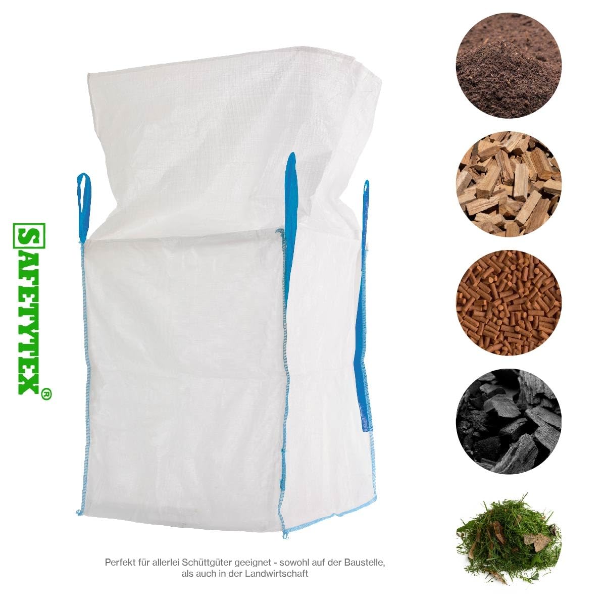 Safetytex Big Bag mit Schürze 90x90x110 cm Schüttgutbehälter (10 Stück) | 1000 kg Tragfähigkeit, robuster Transportsack, für Schüttgüter, Entsorgung, reißfest, langlebig, leicht befüllbar