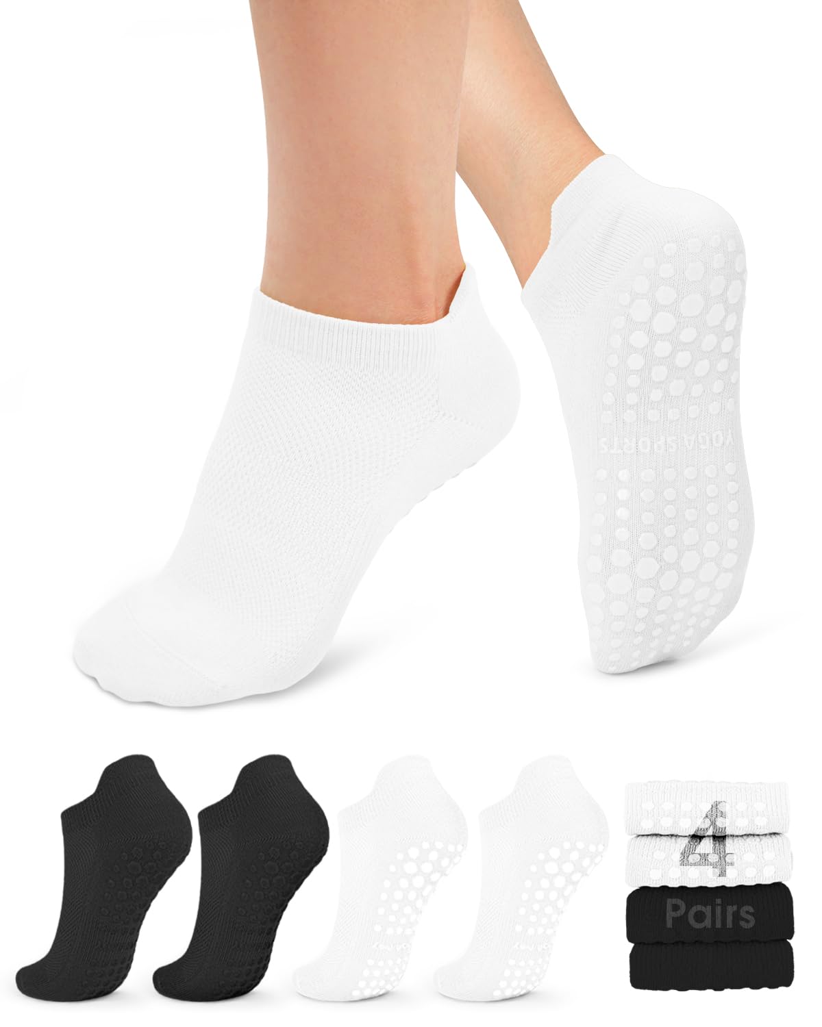 yeuG Pilates Socks for Women Non Slip Grip Socks for Yoga, Barre, Hospital, Barefoot Grippy Yoga Sock Womens Gifts 4 Pairs