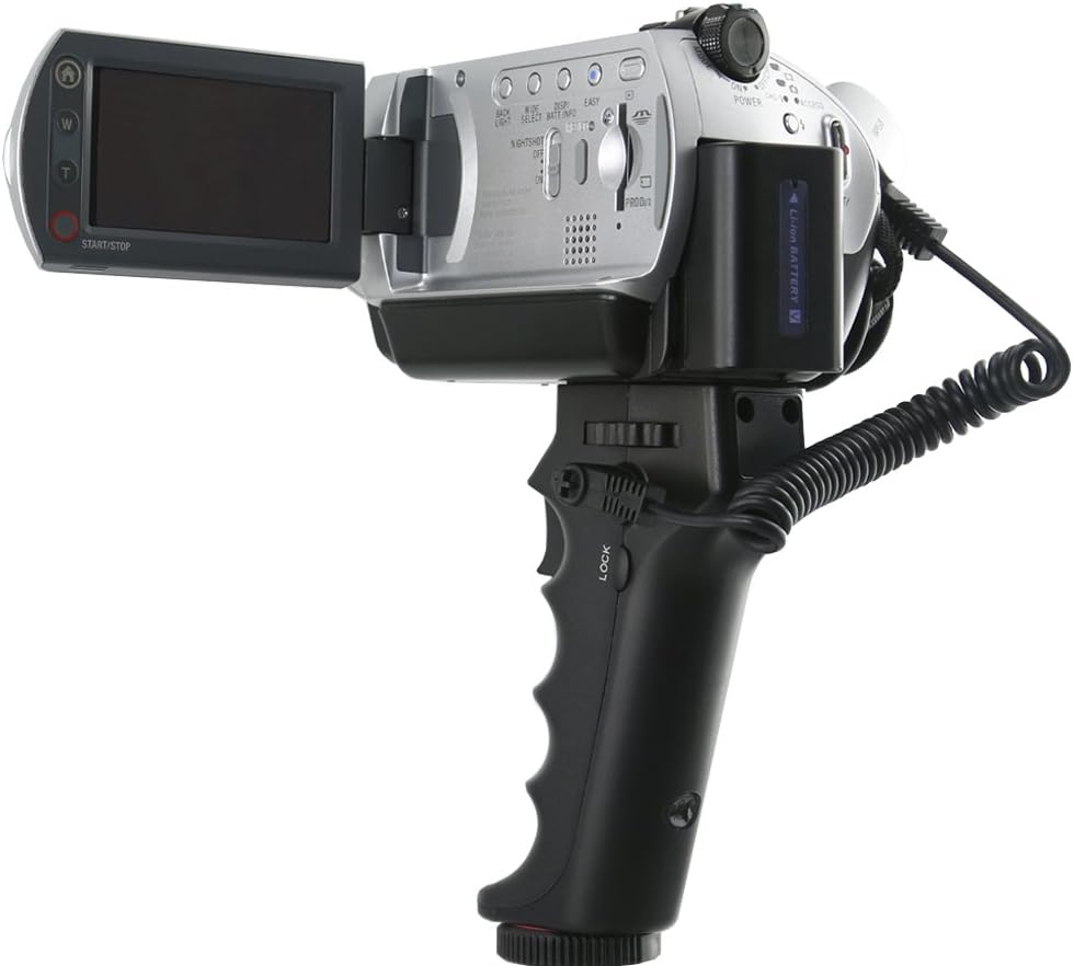 JJC HR-DV Pistol Grip with coiled cable connected to a camcorder