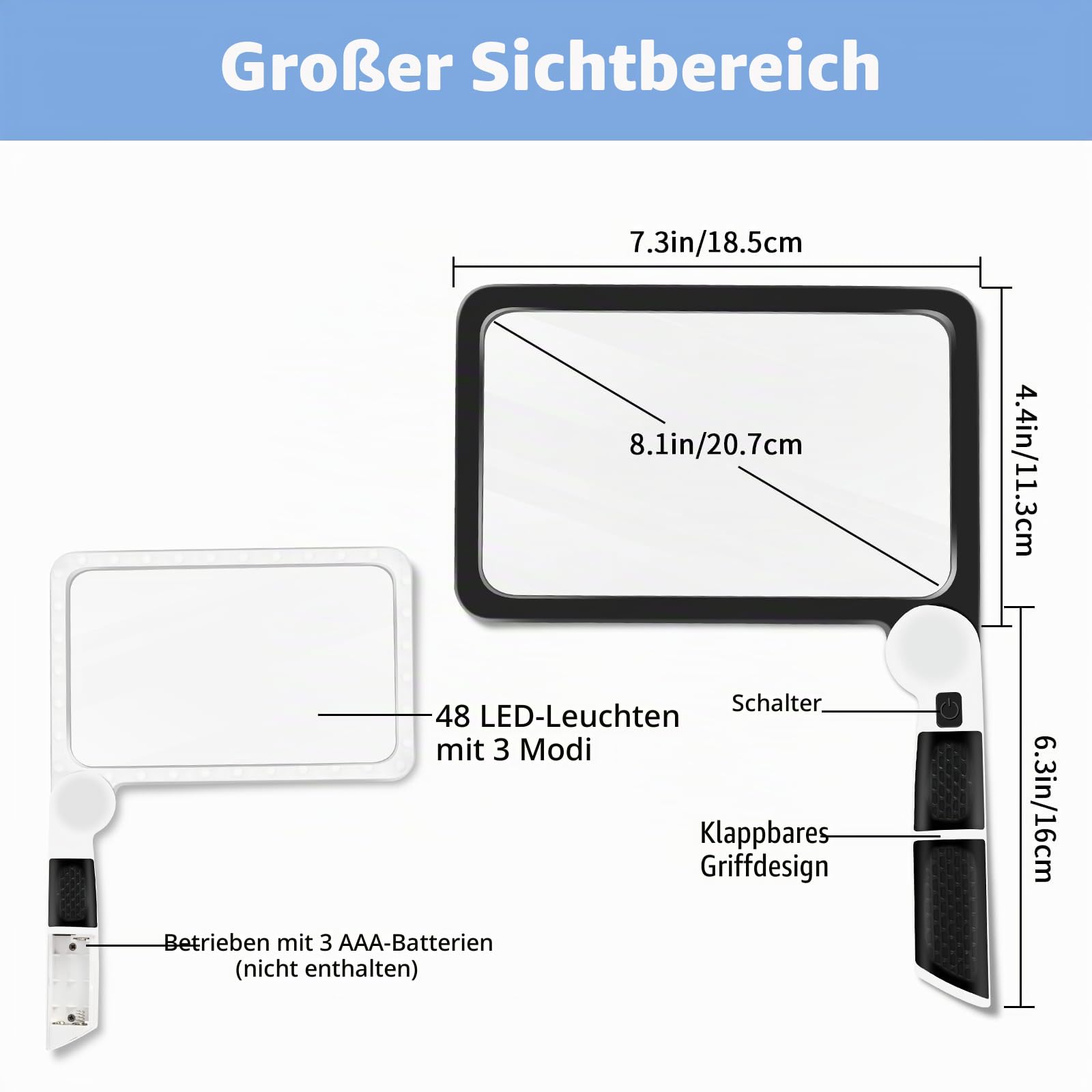 5-fache Lupe mit Licht, Vollseitenlupe zum Lesen, 48 LEDs | Leichte, große Lupe mit blendfreier Linse und 48 LED-Leuchten, ideal für Senioren, Lesen von Büchern mit schwacher Sicht