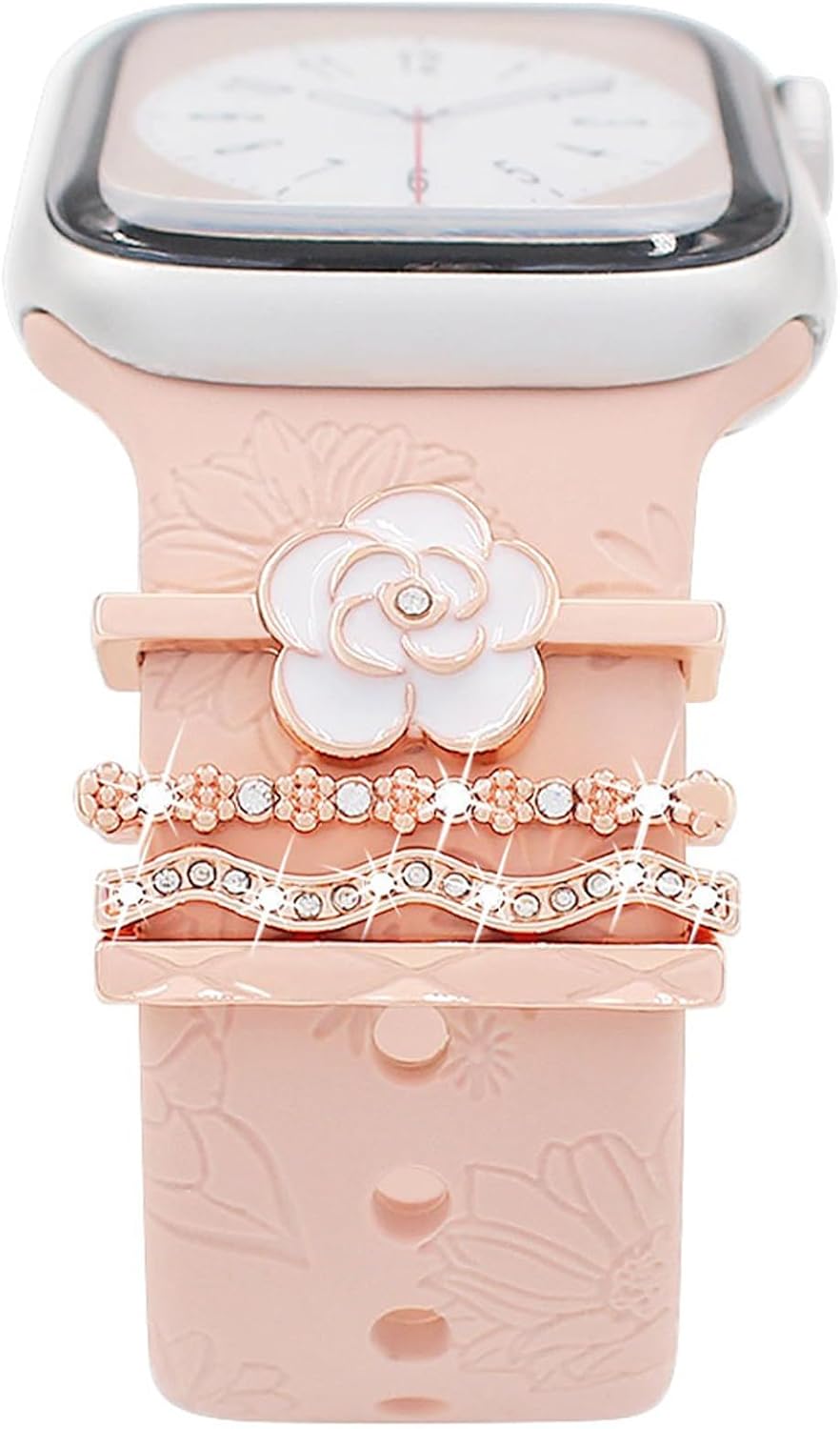 Watch Band Charms Set, Decorative Ring Loops Charms Compatible with Silicone Apple Watch Band 38 40 41 42 44 45 46 49mm, Chic Elegant Diamond Flower Wristband Accessories for iWatch Series Ultra 10 9 8 7 6 5 4 3 2 1(No Band)