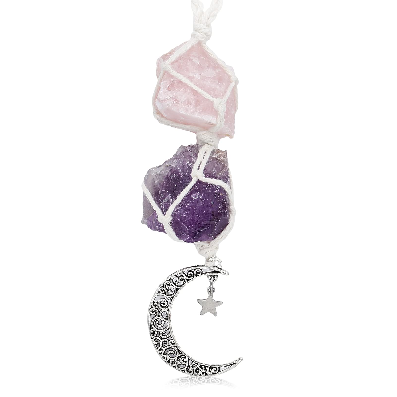 CHGCRAFT Moon with Star Crystal Hanging Car Ornament Handmade Amethyst Pendant Hanging Ornaments Moon Hanging Ornament for Car Rearview Mirror Home Decoration, Purple 120mm
