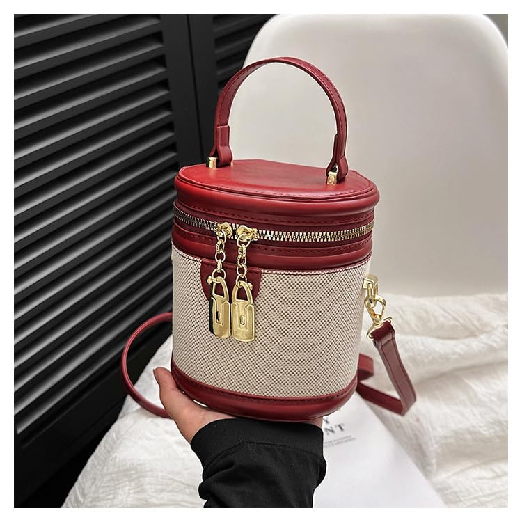 Image of Retro Bucket Bag Color Contrast Cylinder Purse | Senior Sense Style, Single Shoulder Crossbody, Zipper Closure, 4.7x6