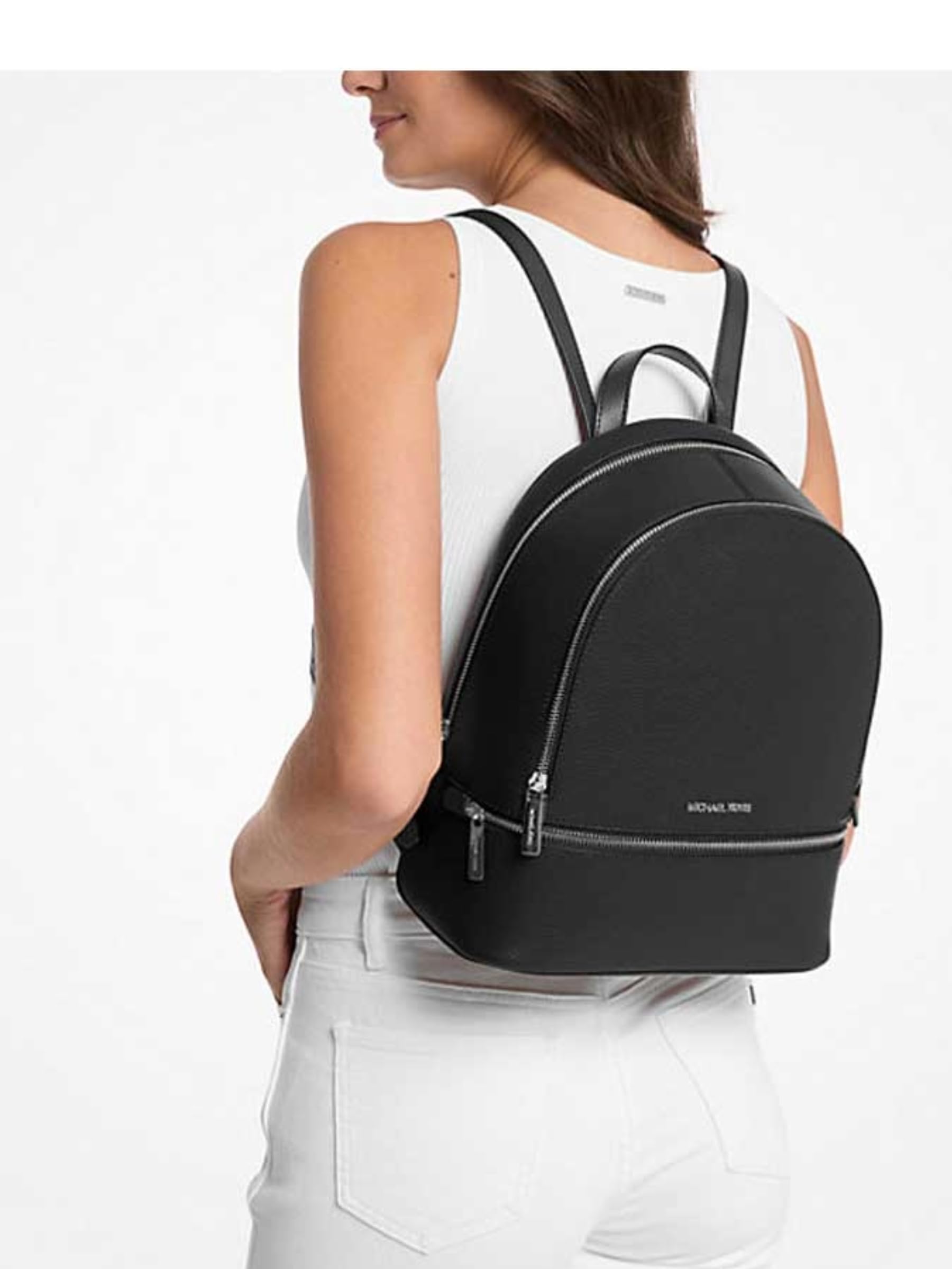 Michael Kors Rhea Medium Signature Logo Backpack Black Silver