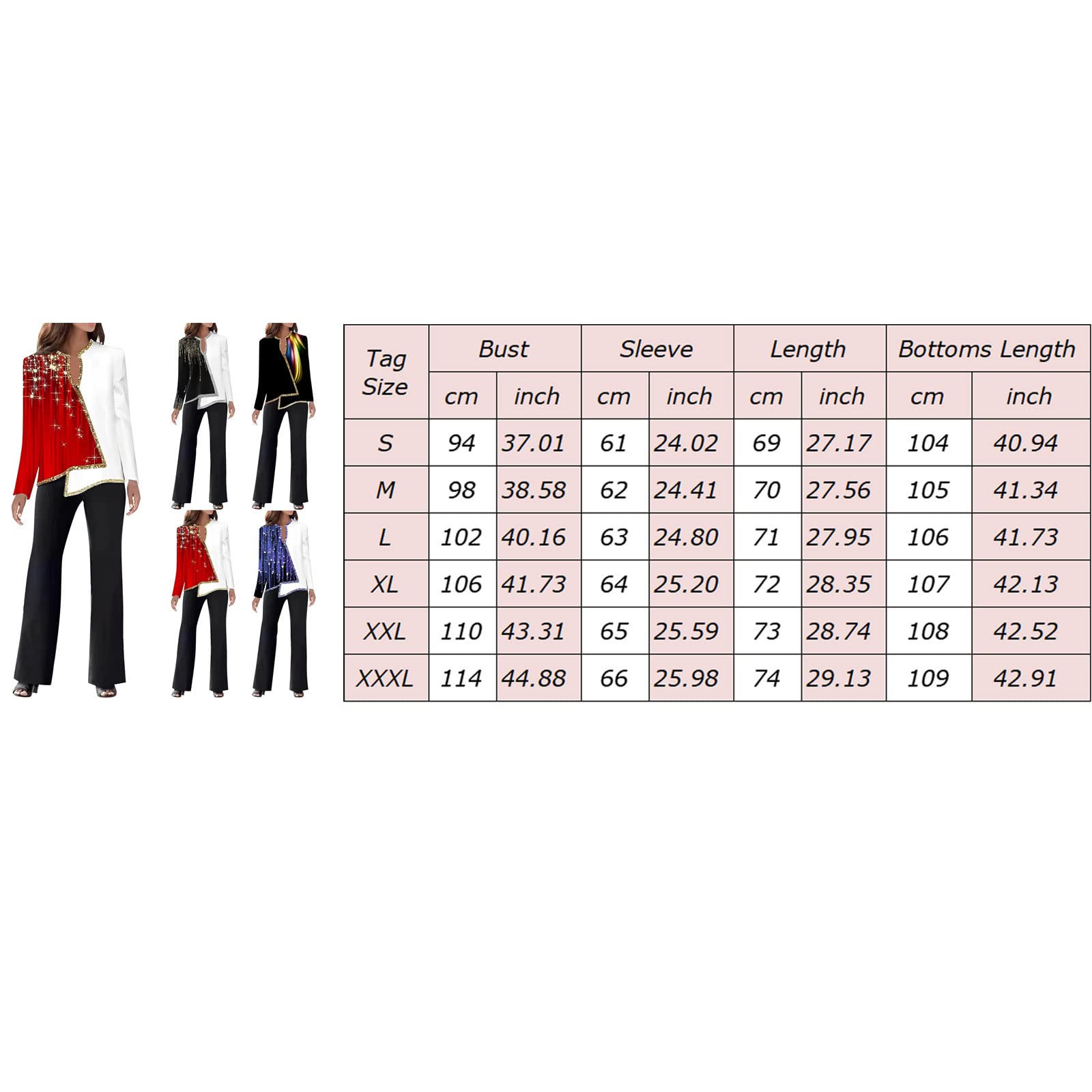 IQYU Traje de pantalón para mujer con purpurina, festivo, para invitados de boda, elegante, dos piezas, verano, manga larga, dobladillo asimétrico, pantalones de traje, pantalones de tela de cintura