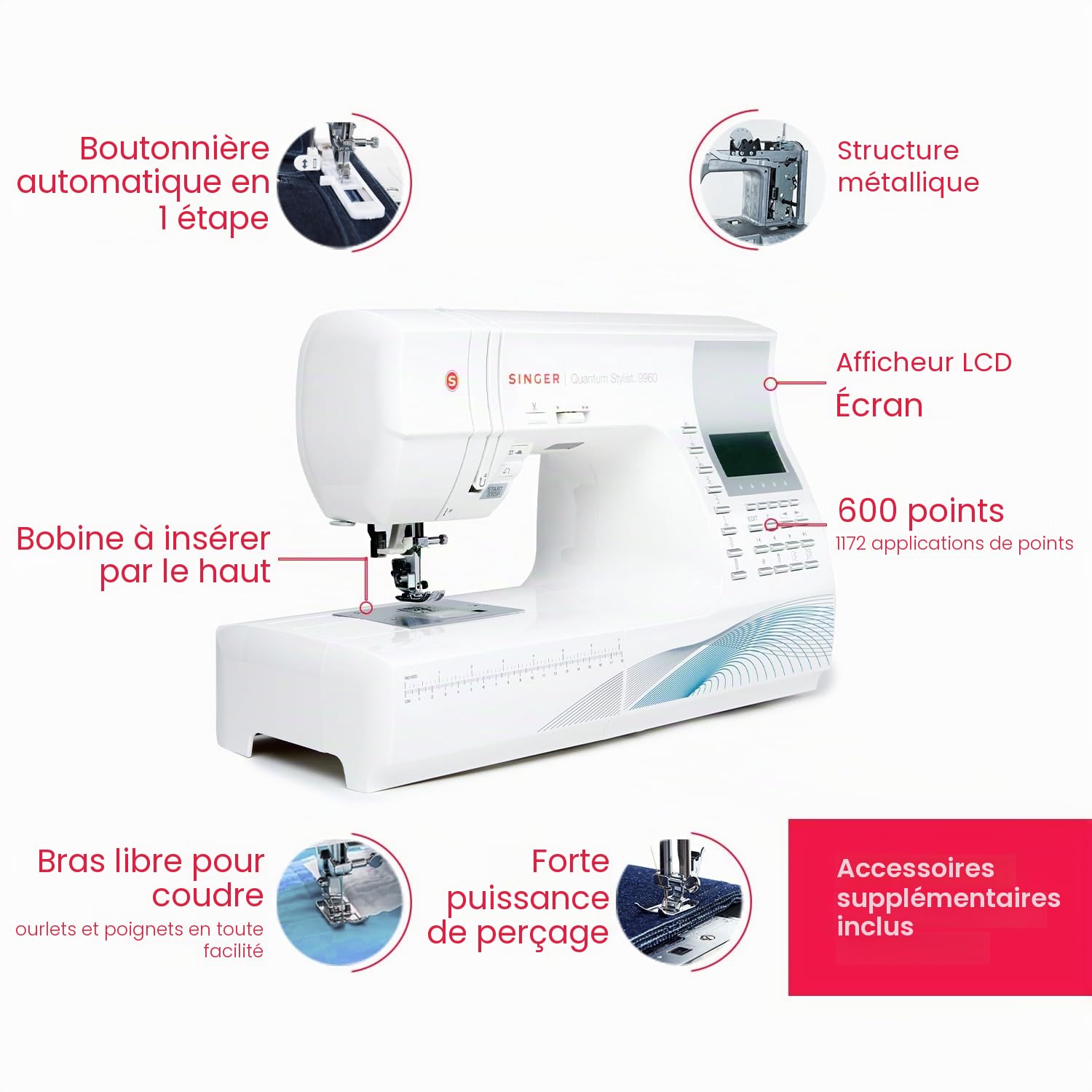SINGER Quantum Stylist 9960 Computerized Portable Sewing Machine with 600-Stitches Electronic Auto Pilot Mode, Extension Table and Bonus Accessories, Perfect for Customizing Projects